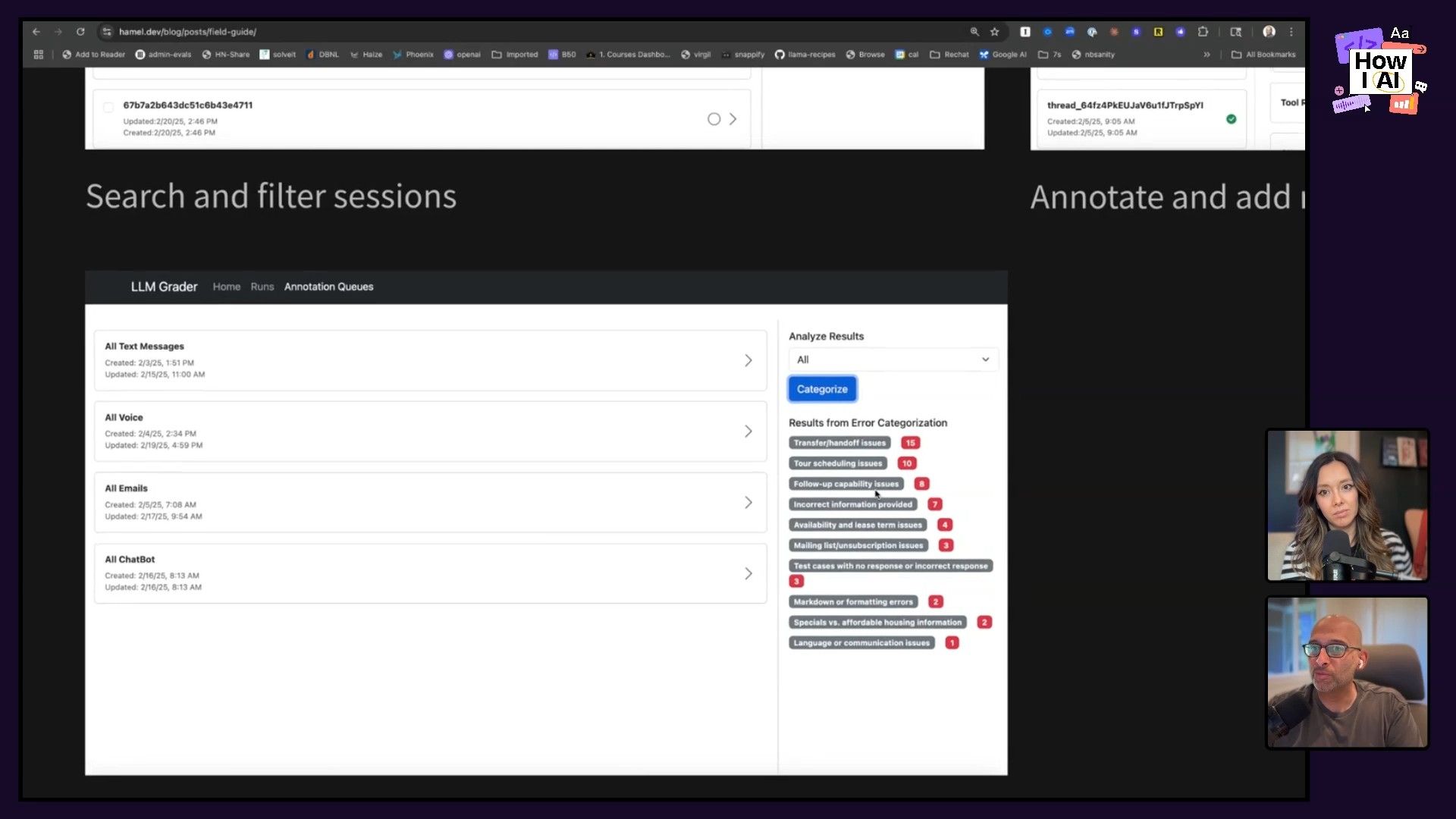 A web application dashboard showing 'Results from Error Categorization', detailing various error types like 'Transfer/handoff issues' and 'Tour scheduling issues' with their respective counts, within an annotation queue interface.