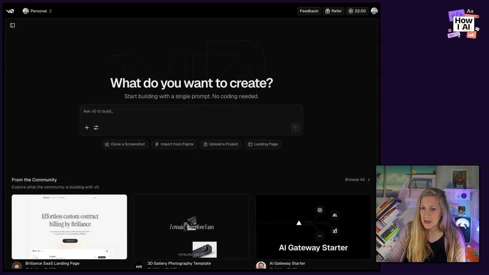 The v0.dev dashboard, ready for a prompt input, demonstrating its 'no-code' approach to building. The interface shows options to create projects from scratch, Figma imports, or existing screenshots, alongside community-contributed templates like 'Brilliance SaaS Landing Page' and 'AI Gateway Starter'.