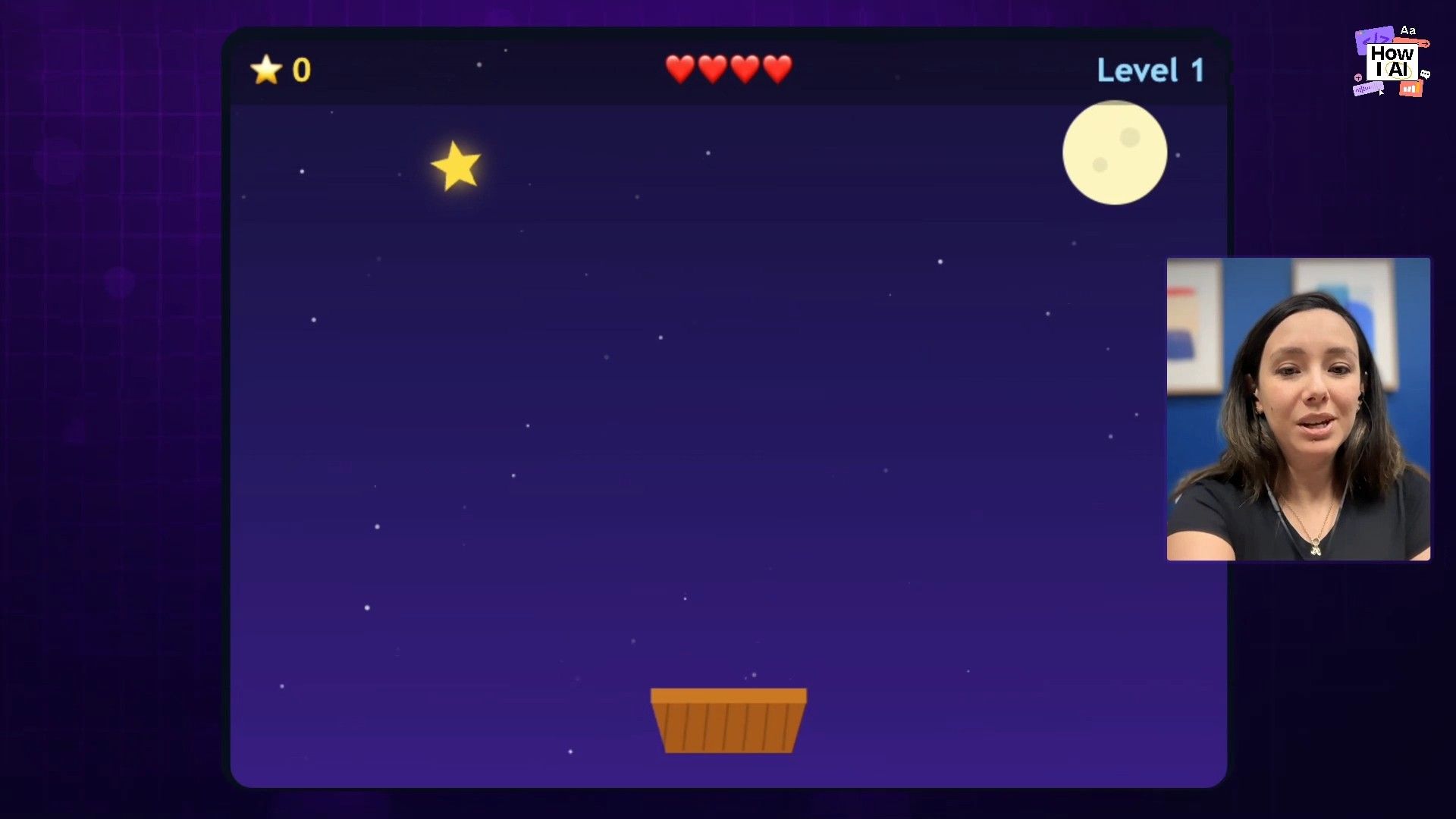 A simple 2D game, possibly generated or developed with AI, is shown on screen featuring a night sky, a moon, and a platform, with 'Level 1' indicated. The game displays a score of 0 stars and 4 lives.