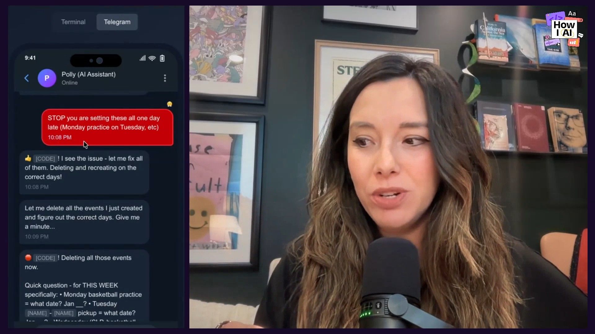 Demonstrating an AI assistant's ability to identify and correct scheduling errors in a chat interface, showing the interaction on a mobile device.