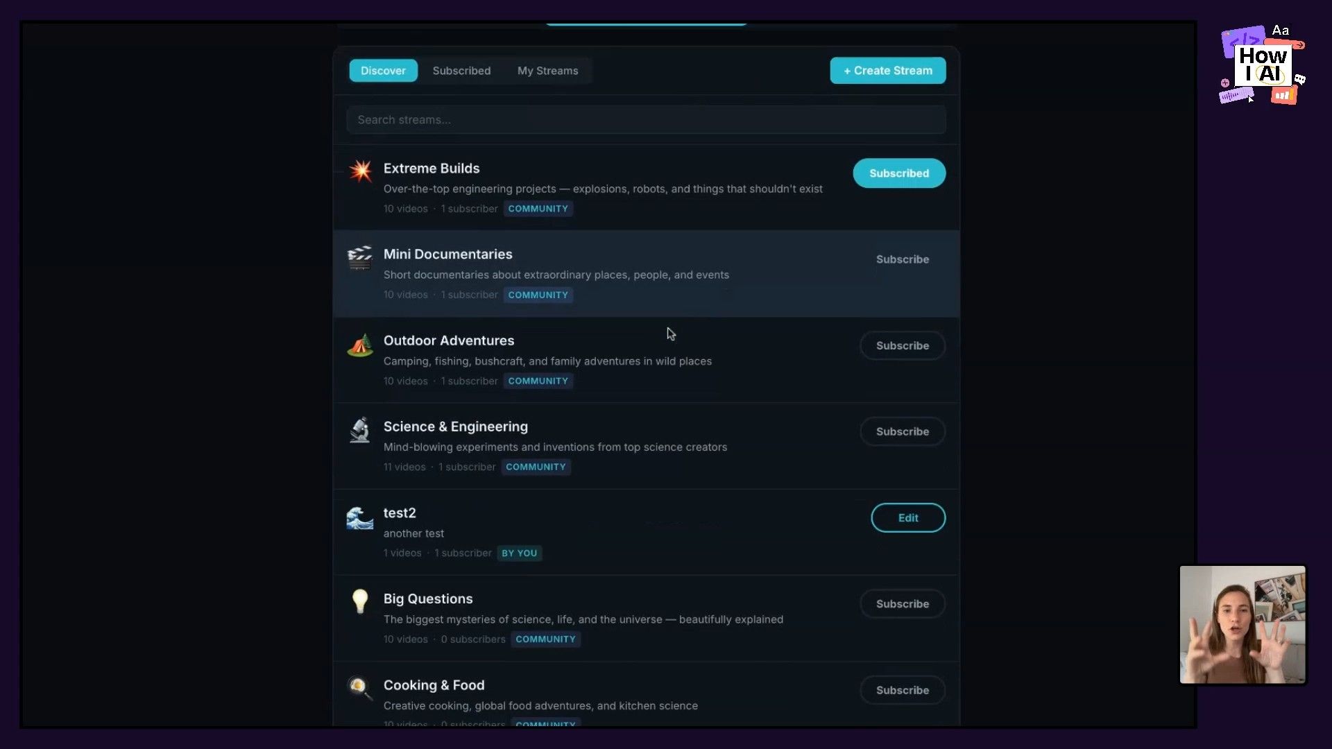 The Mira app interface displaying its 'Discover' section with various curated content streams like 'Science & Engineering' and 'Extreme Builds', showing descriptions, video counts, and subscription options.