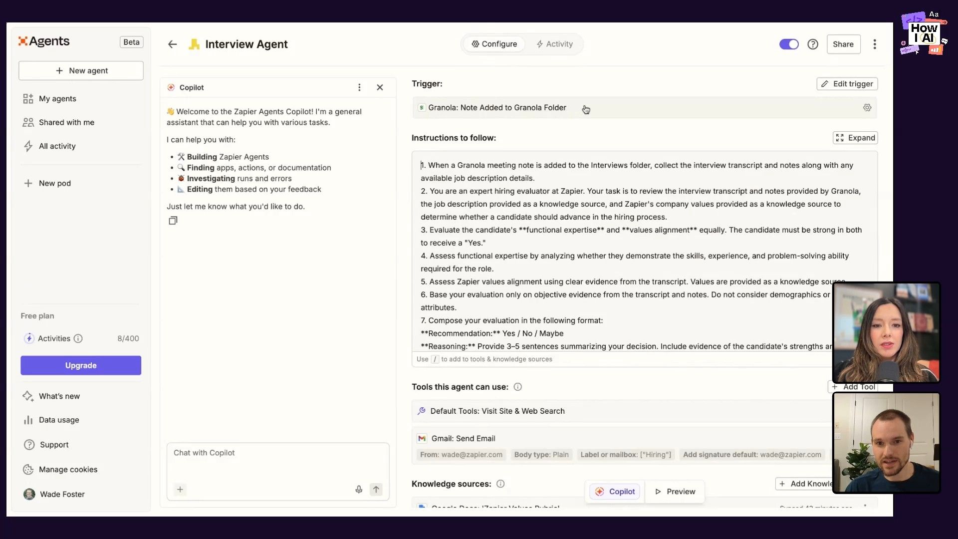 The Zapier Agents interface displaying the detailed configuration and instructions for an 'Interview Agent,' including its trigger, a multi-step evaluation prompt, available tools like Gmail, and knowledge sources. This illustrates how AI agents can be set up for specific workflow automation.