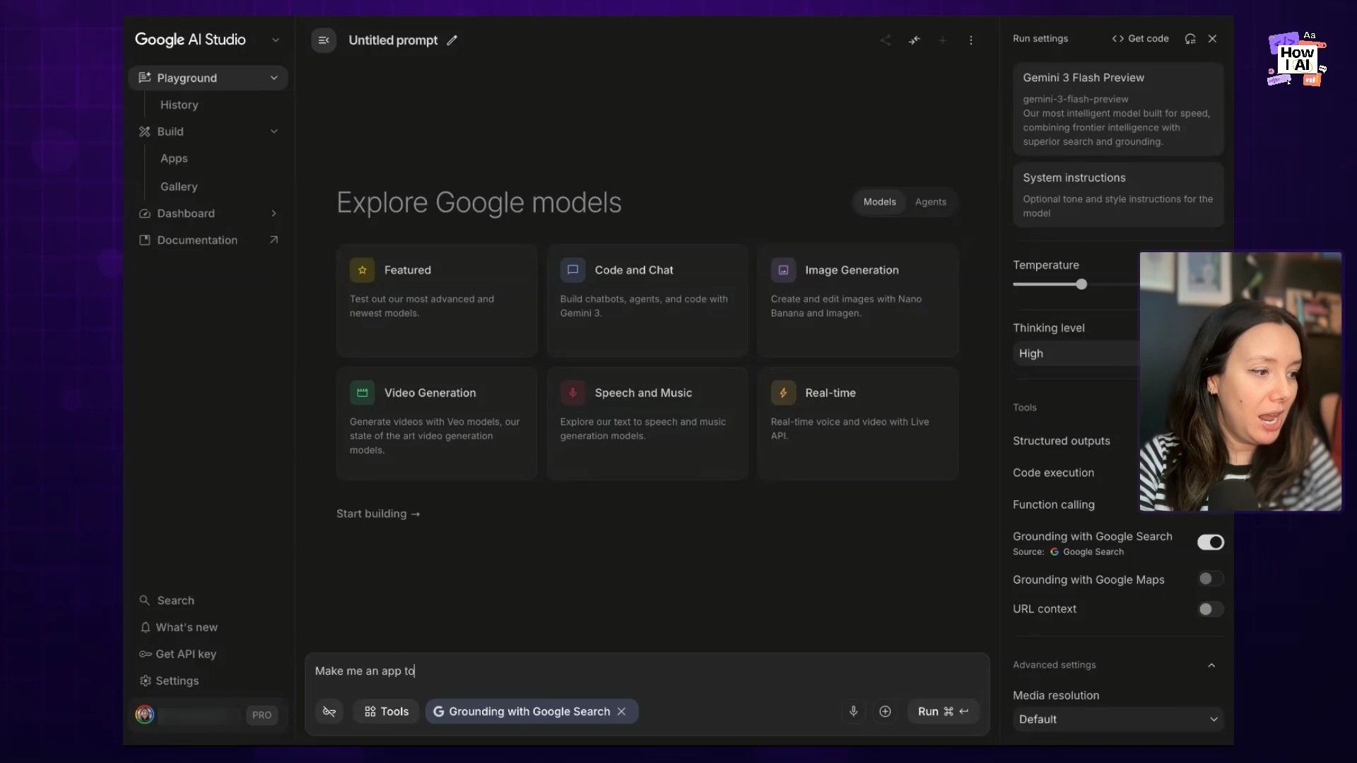 The Google AI Studio interface with the prompt to create a calendar management app