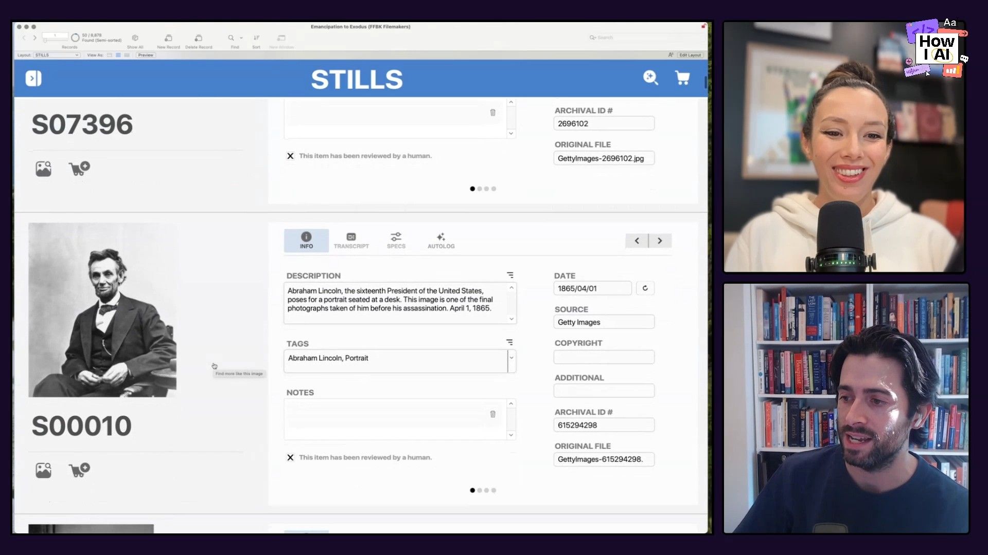 A database UI demonstrating a 'Find' feature with results for Abraham Lincoln, showing historical images and detailed metadata, including a progress indicator.
