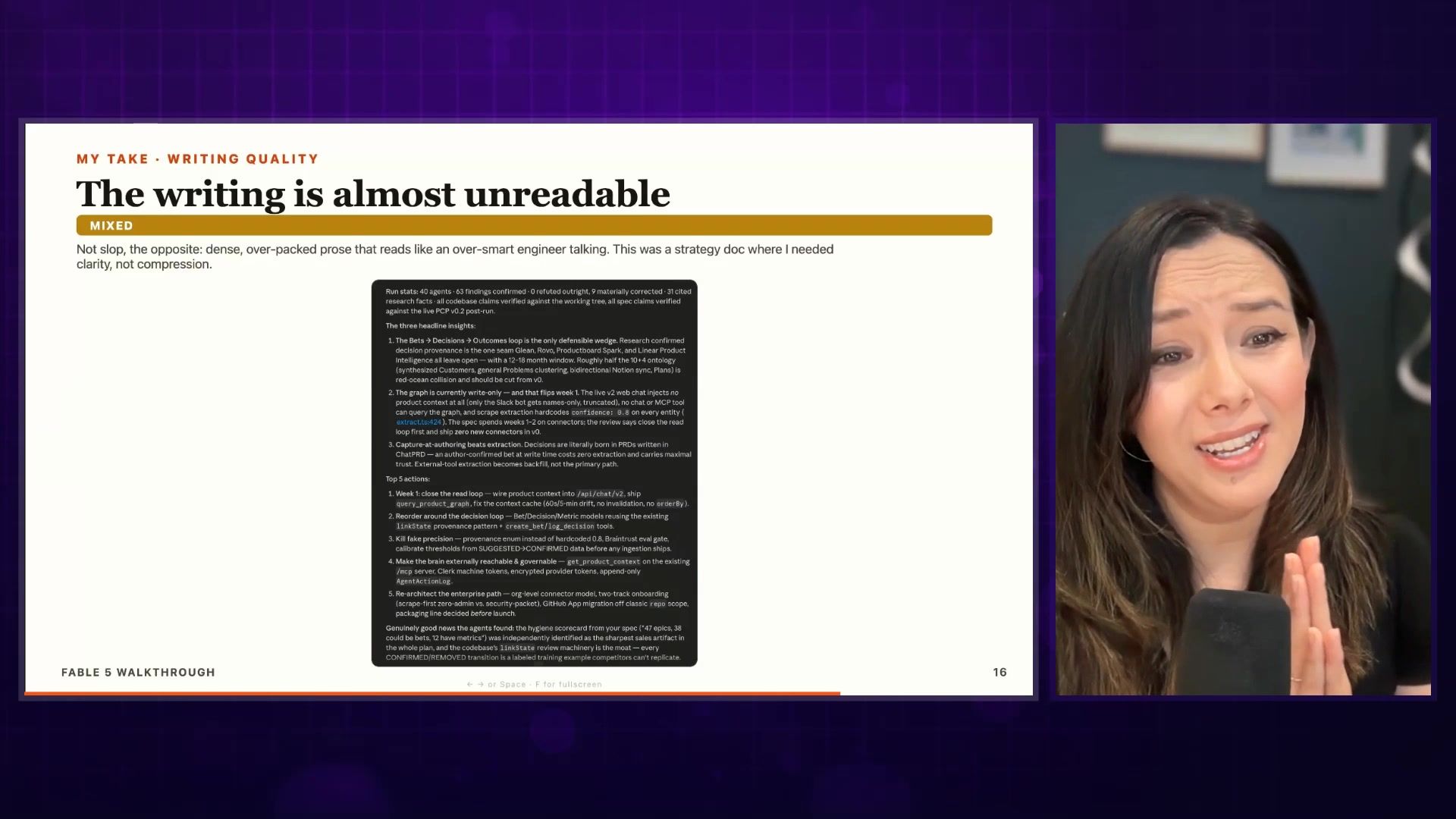 Writing quality slide showing dense markdown output