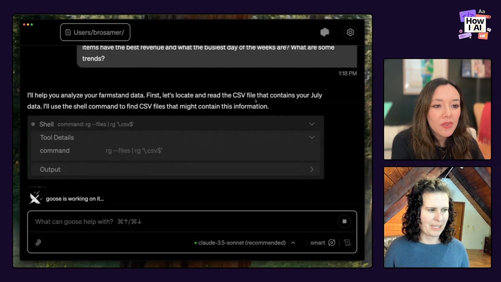 An AI assistant (Goose, powered by Claude 3.5 Sonnet) demonstrates its ability to understand a data analysis request and generate a `ripgrep` (rg) command to efficiently locate relevant CSV files for processing.