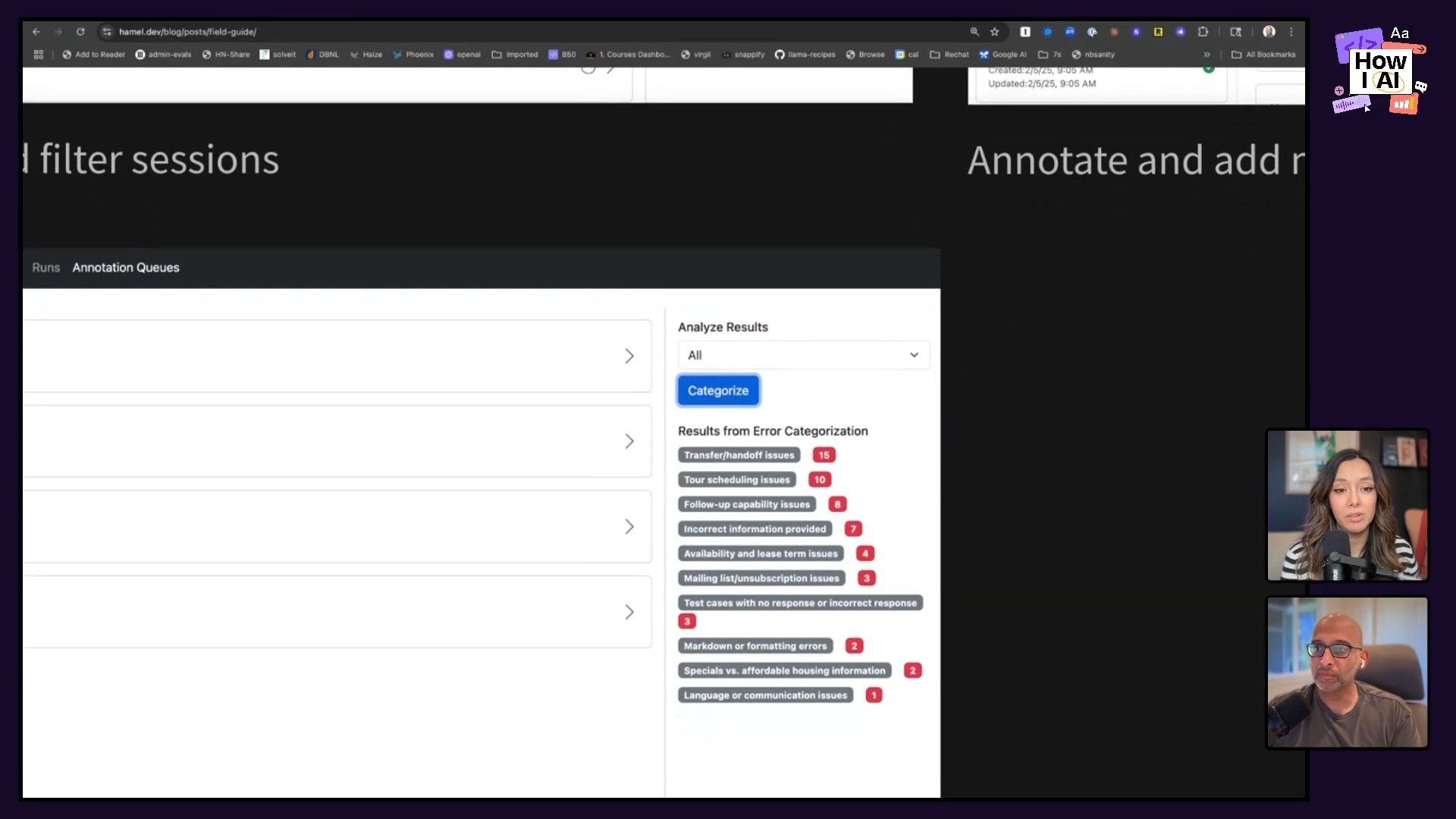 A detailed view of the 'LLM Grader' web application from the 'How I AI' podcast, showcasing categorized error results like 'Transfer/handoff issues' and 'Tour scheduling issues' with their respective counts, along with various communication session types.