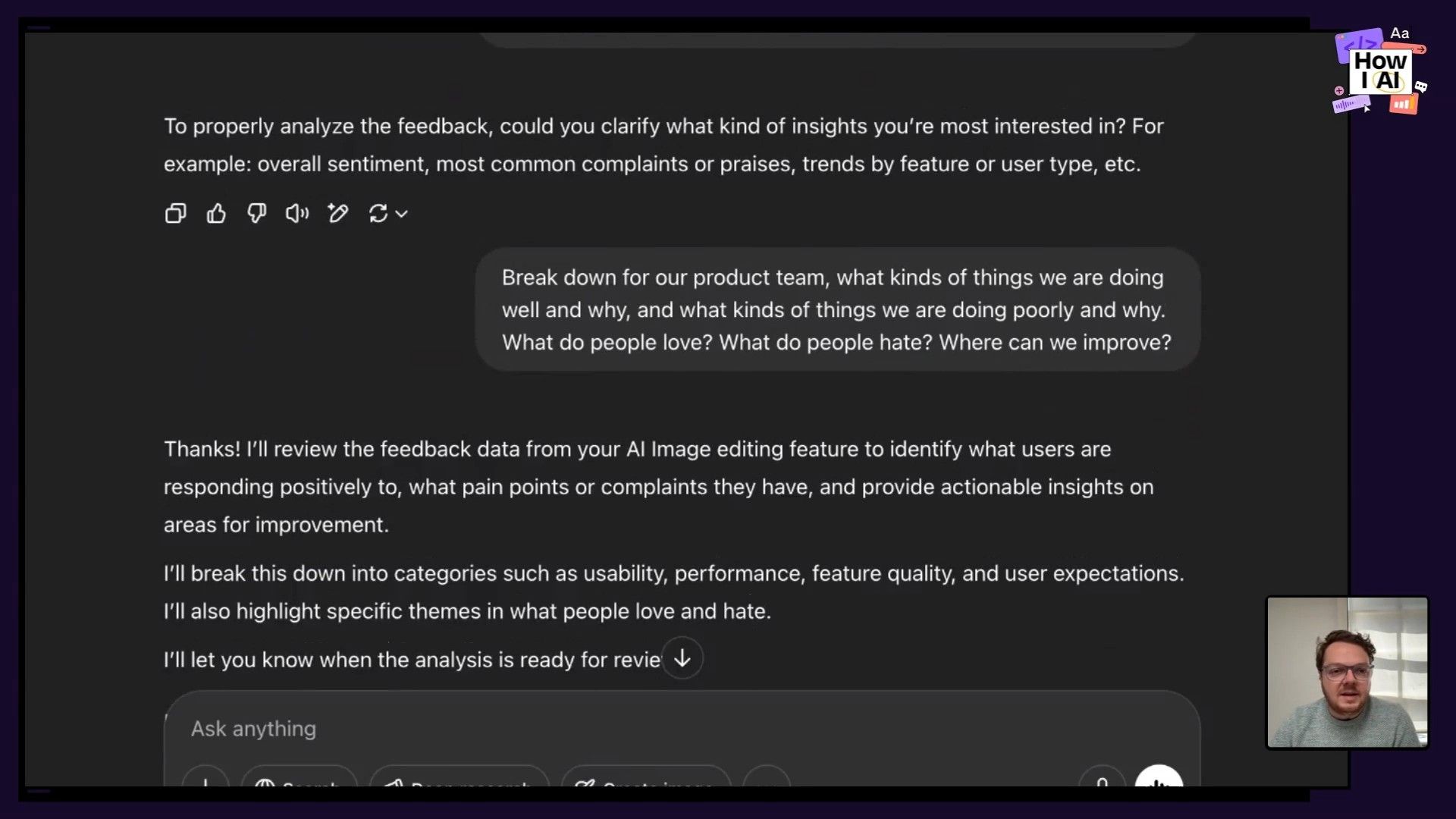 Analyzing user feedback with an AI assistant: A detailed view of an AI chat interface shows a conversation where an AI is prompted to break down user feedback for an 'AI Image editing feature', including the AI's clarifying questions and an initial analytical response.