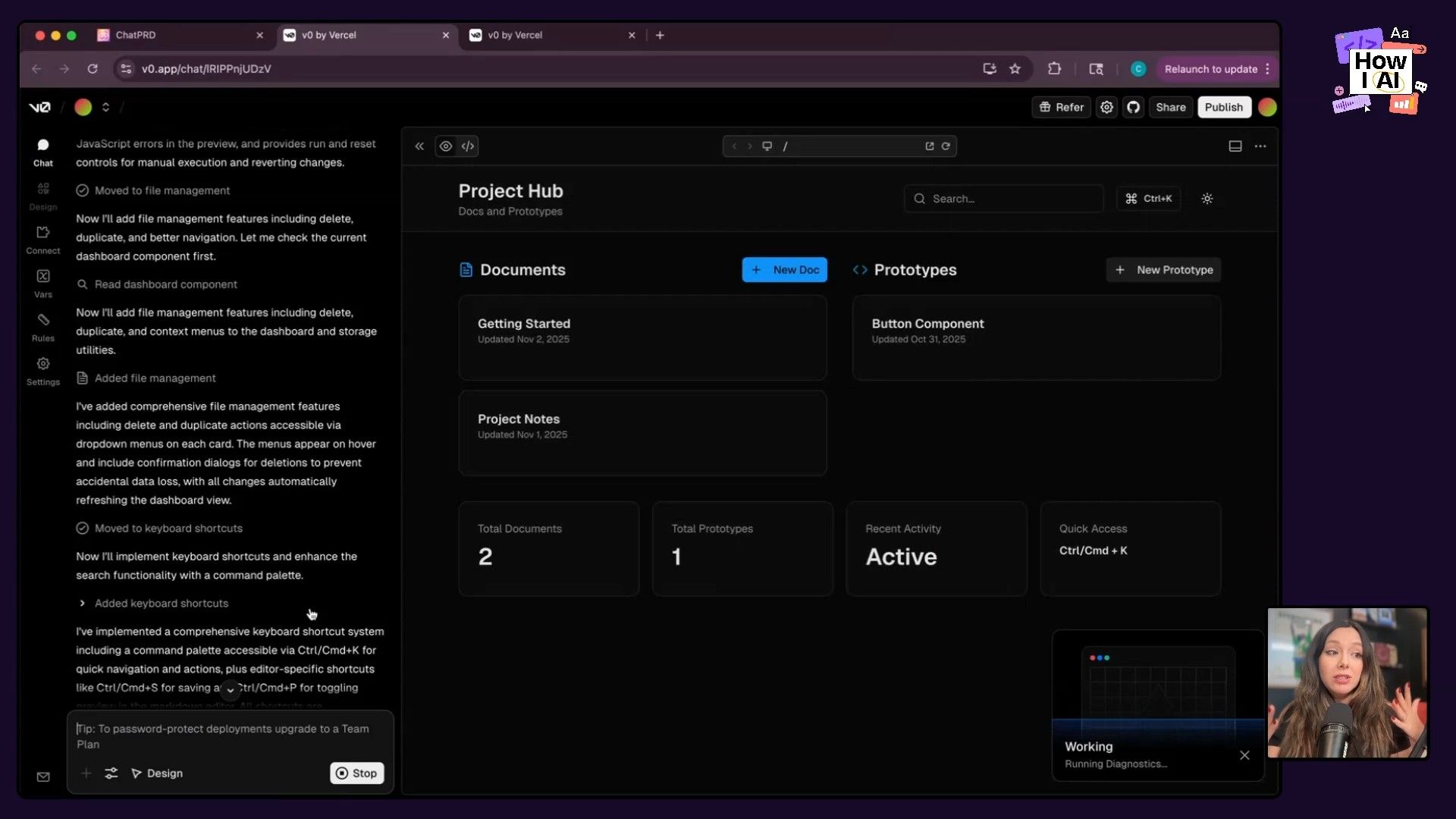 A detailed look at the v0 by Vercel AI platform, showing the prompt/instruction panel on the left generating a 'Project Hub' UI with file management and keyboard shortcut features. This demonstrates AI-powered UI generation based on user input.