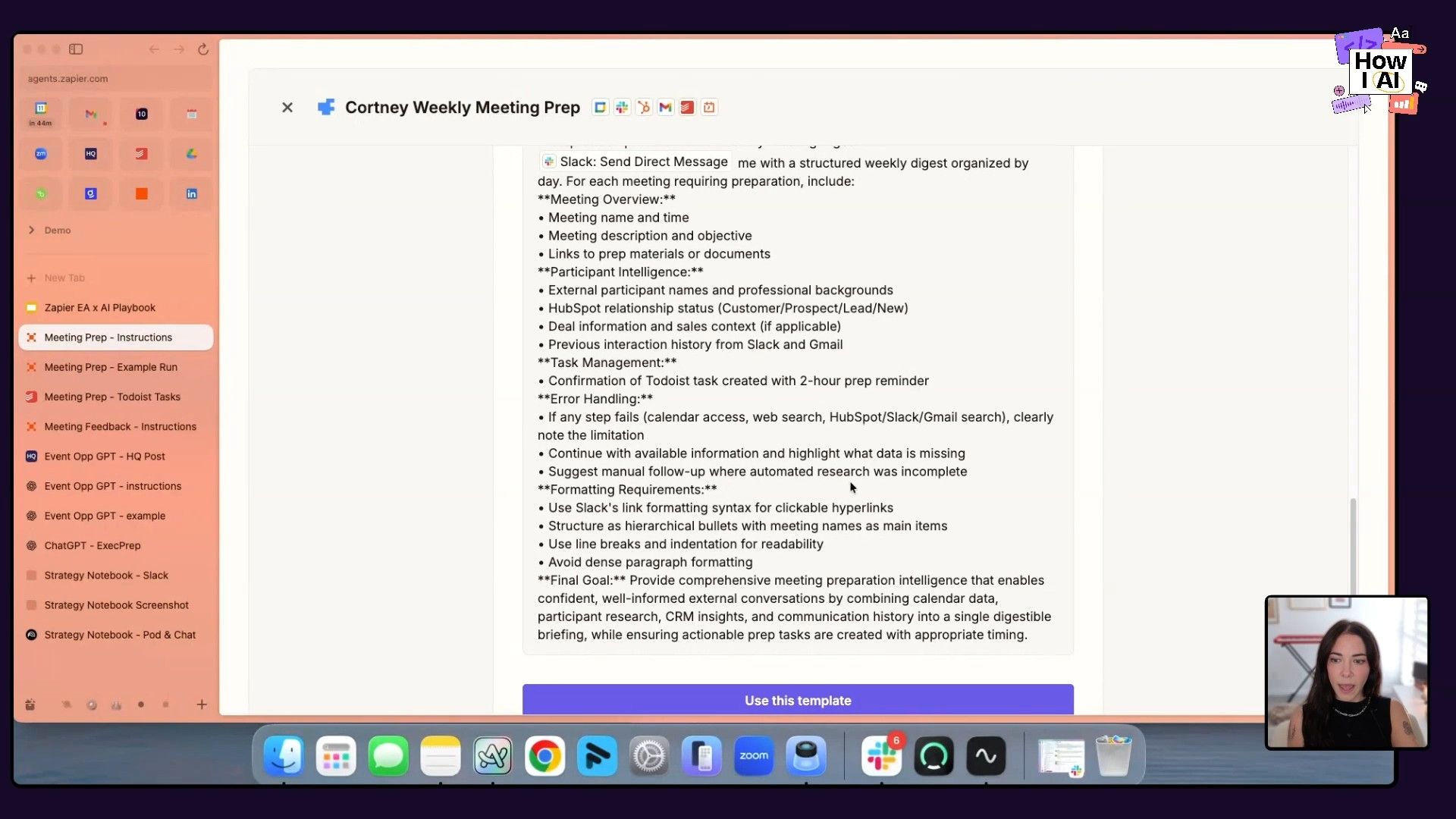 A detailed view of the Zapier Agents interface showcasing a 'Cortney Weekly Meeting Prep' prompt, outlining the comprehensive instructions for an AI agent to generate meeting digests and intelligence.
