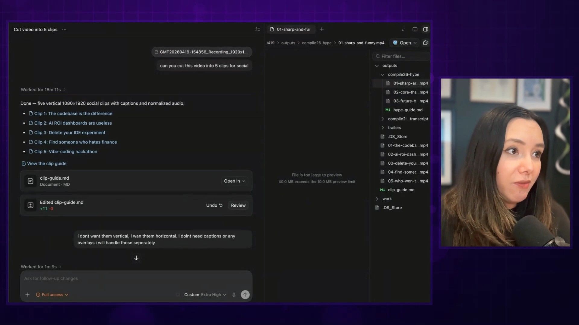 The Codex interface showing the video file being dropped in for editing