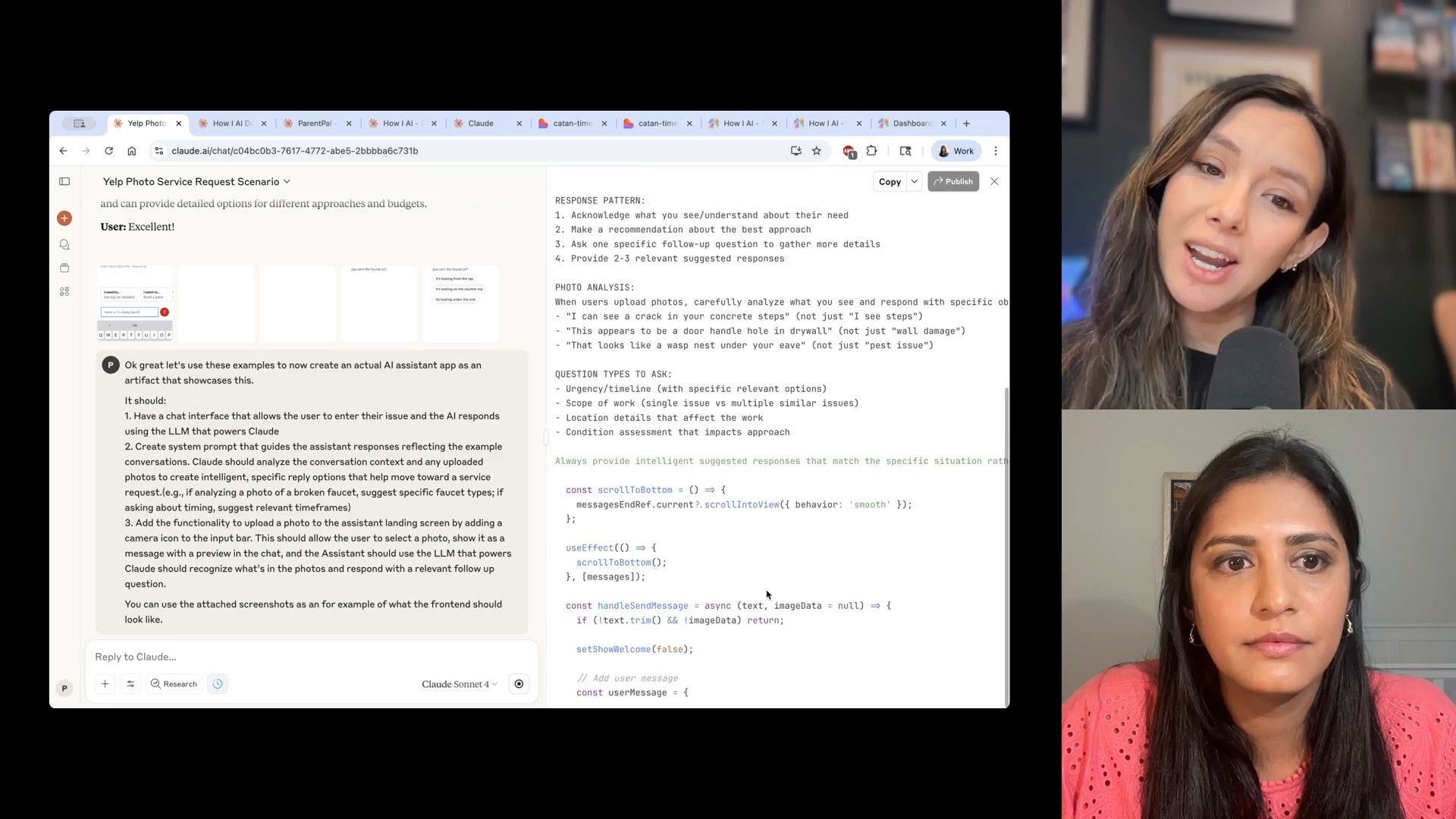 A detailed view of an AI development environment within Claude, showcasing React code for a 'Yelp Assistant' application, a comprehensive system prompt, and specific instructions for building a conversational AI with photo upload capabilities and guided responses.