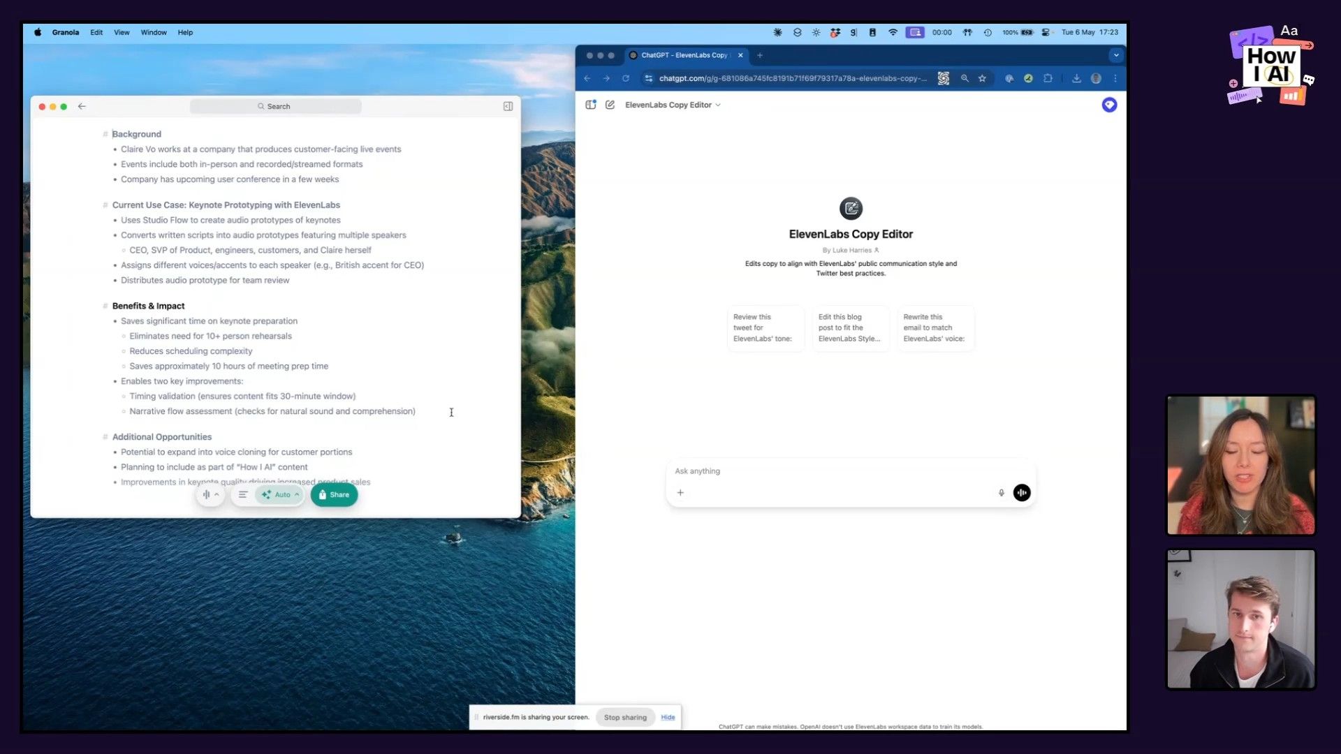 A detailed look at an AI-powered workflow: the Granola app summarizes interview notes while a custom ChatGPT, the 'ElevenLabs Copy Editor', provides tailored content refinement prompts, showcasing the integration of AI tools in content creation.