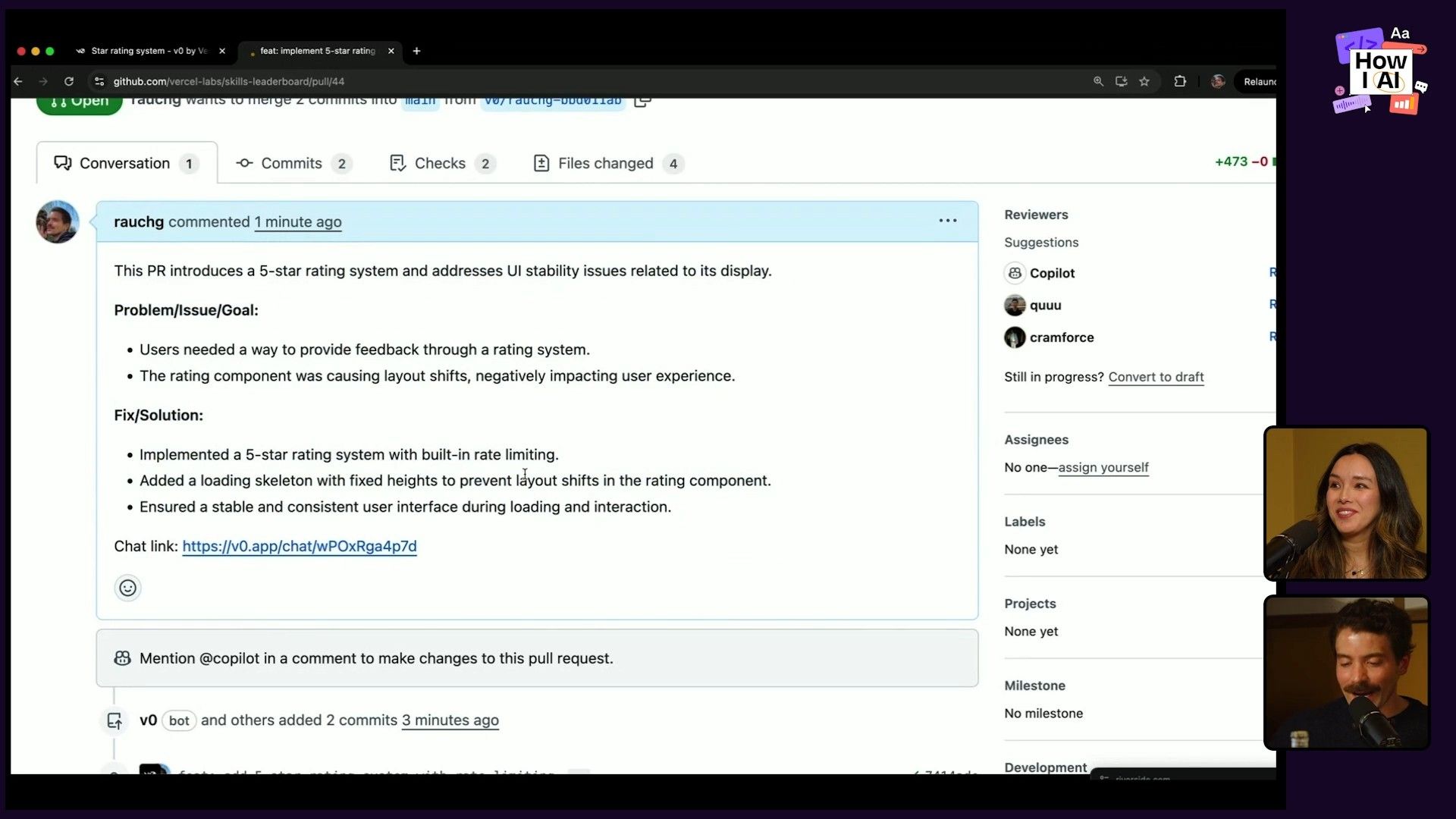 A Vercel-deployed web application, a 'skills leaderboard' featuring a 'star rating system,' is shown in a browser during an authentication step, highlighted in a podcast video.