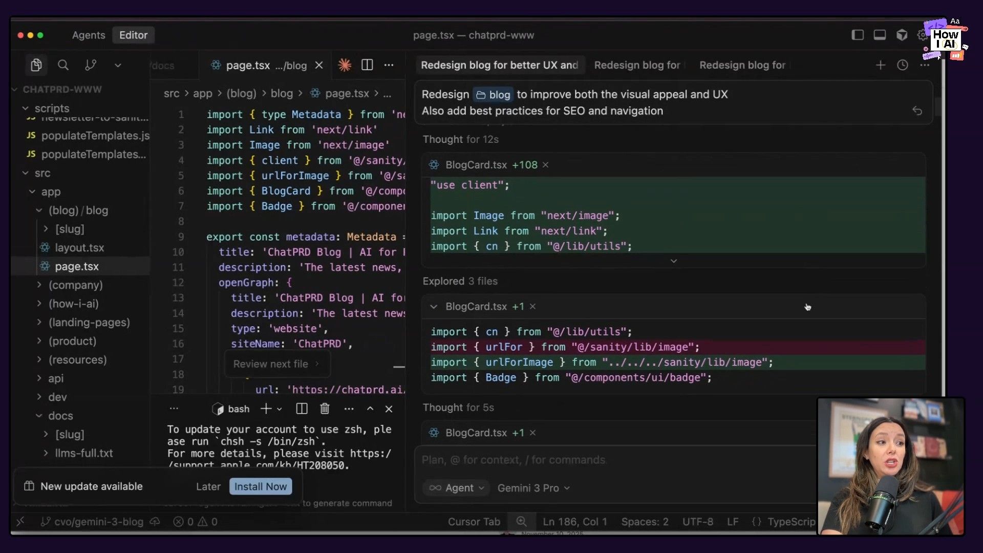 Screenshot showing the ChatPRD Blog homepage with an overlay of the ChatPRD AI agent demonstrating search capabilities for Jira integrations and documentation, alongside recent blog posts highlighting product updates and AI tool recognition.