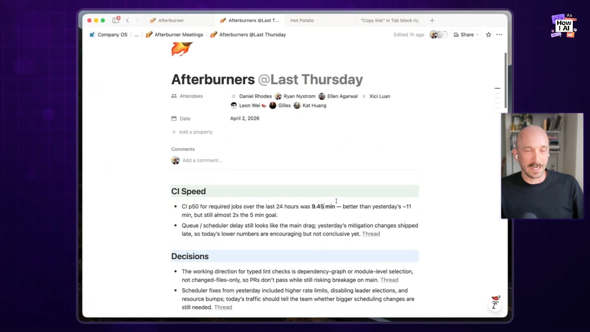 A detailed view of a Notion project page titled 'Afterburner', showcasing its organizational structure including DRI, 'Building' stage, 'Developer Experience +1' team, 'Outcome' scope, and links to parent projects like 'Eng Ex: Developer Experience' and '[2x Dev Velocity]: Global Investments'.
