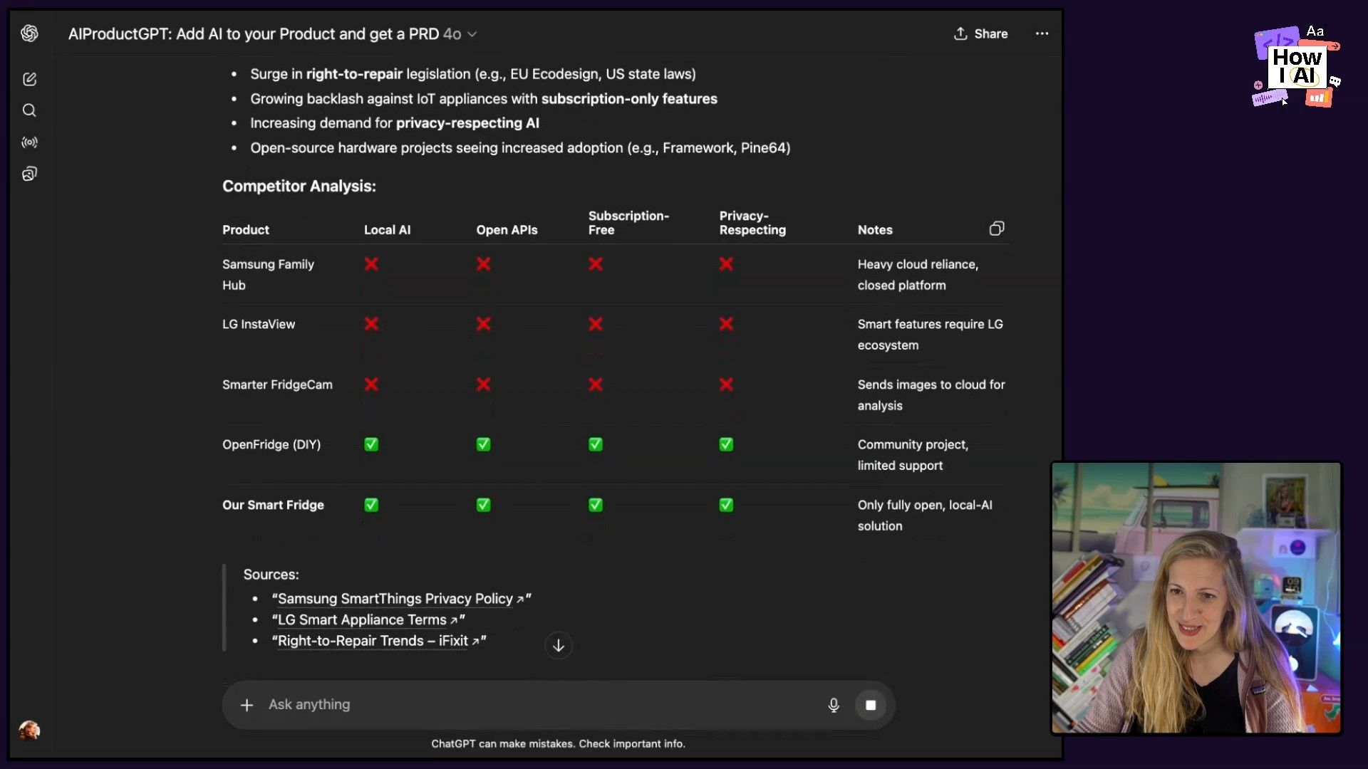 A detailed look at a ChatGPT-generated Product Requirements Document (PRD) for an AI-enhanced smart fridge, outlining user segments and core AI features like local safety monitoring and remote diagnostics.