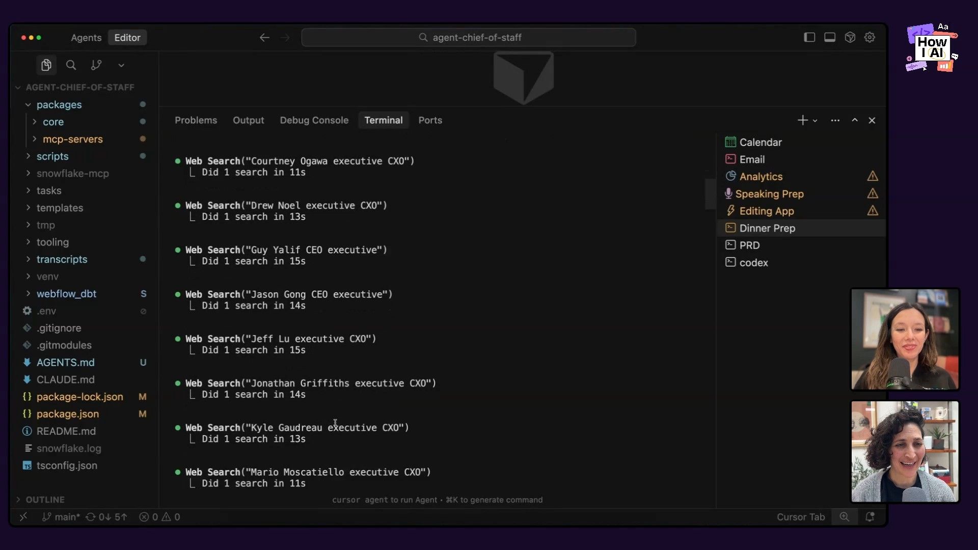 An AI agent, operating within a VS Code-like environment, receives instructions to prepare for an event, performing web searches for attendees and displaying detailed progress and results in the terminal.