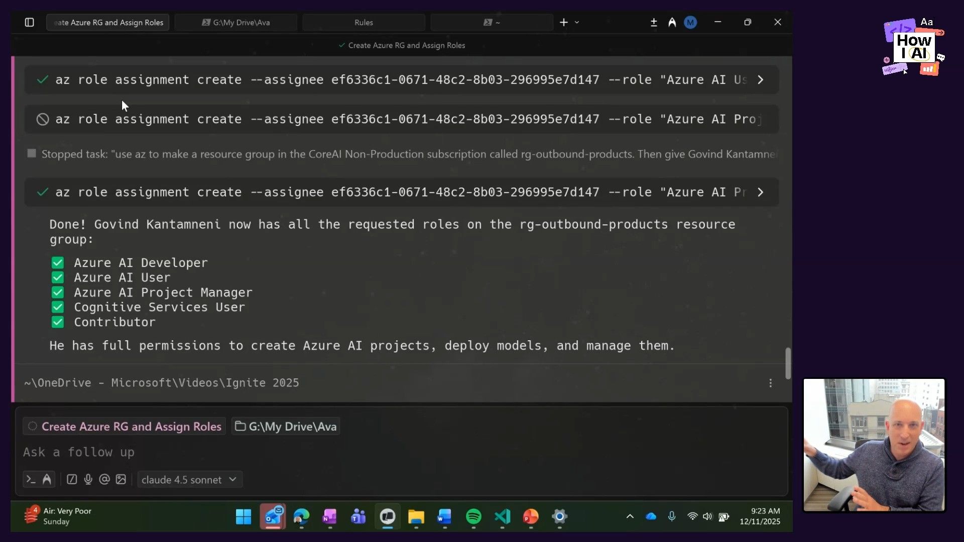 A Warp terminal session demonstrates the automated assignment of Azure roles using `az` commands, showcasing successful role creations and a comprehensive list of granted permissions, likely driven by a natural language AI prompt.