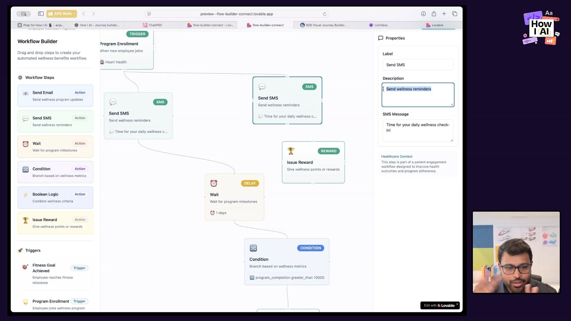 Visual workflow builder interface showcasing a wellness program automation. Each step, from sending emails and SMS reminders to issuing rewards based on milestones, is clearly defined.