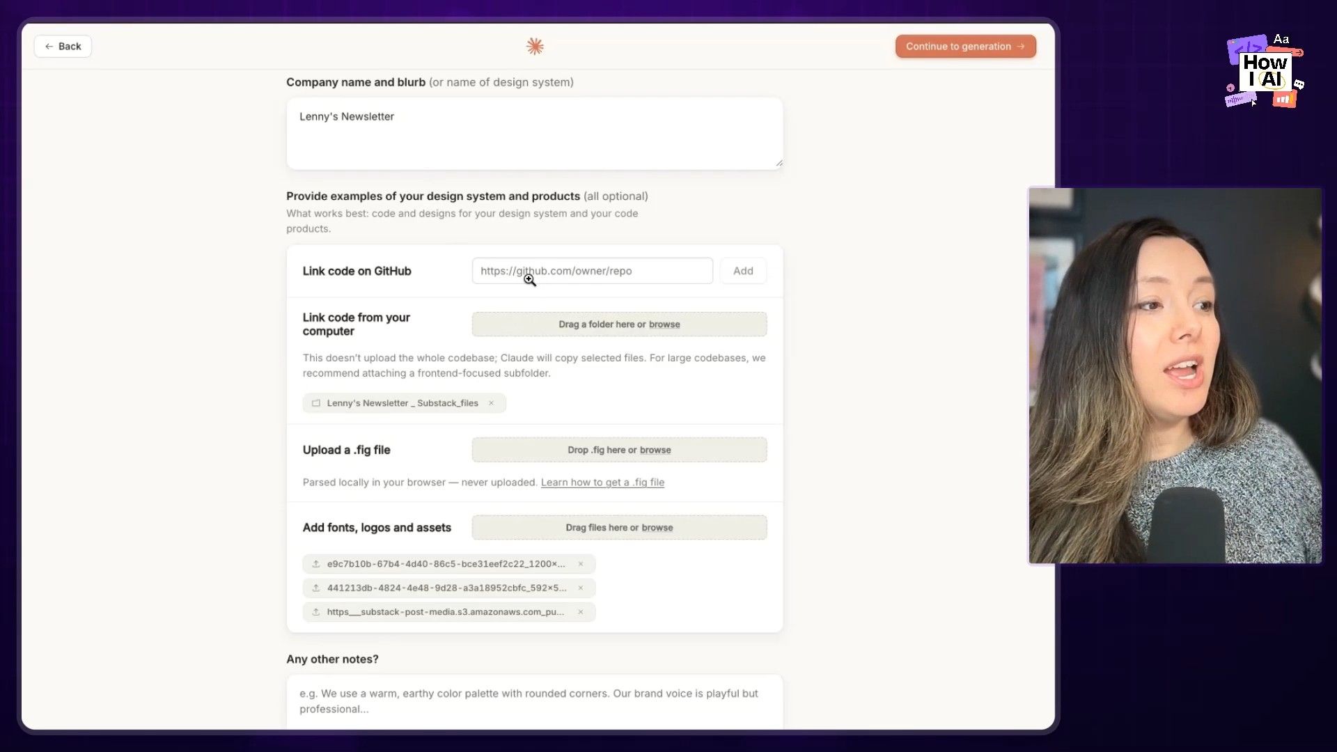 Demonstrating an AI design tool, a user provides a detailed prompt to create a landing page for a PRD generator and AI PM coach, leveraging a specific design system and additional design assets.