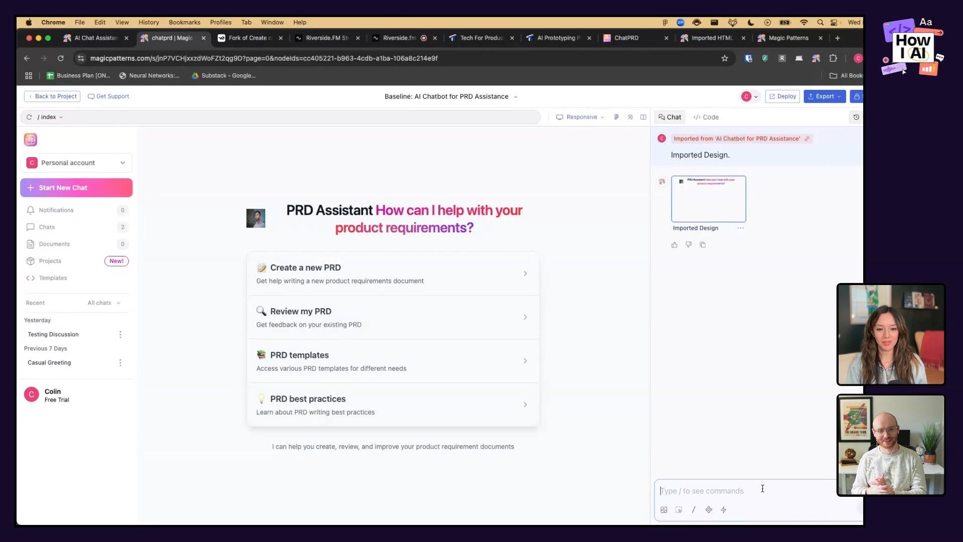 A detailed view of the 'PRD Assistant' AI chatbot interface within the 'Magic Patterns' web application, showcasing its features for product requirements management. The platform offers options for creating, reviewing, and accessing PRD templates, while two podcast hosts are visible in the lower right.