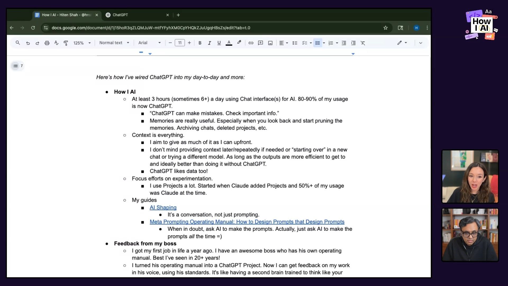 A detailed view of the ChatGPT web interface shows the 'New project' modal, prompting users to name their new project and explaining its purpose for organizing chats, files, and custom instructions. The interface displays various ChatGPT tools and a 'Tasks' section, while the 'How I AI' podcast branding and hosts are visible.