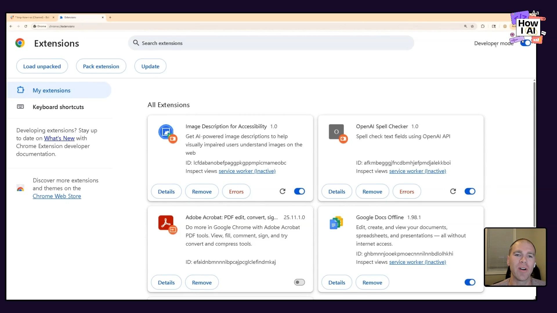 The Google Chrome Extensions page, showing several AI-related and productivity extensions installed, including an 'Image Description for Accessibility' tool and 'OpenAI Spell Checker'.
