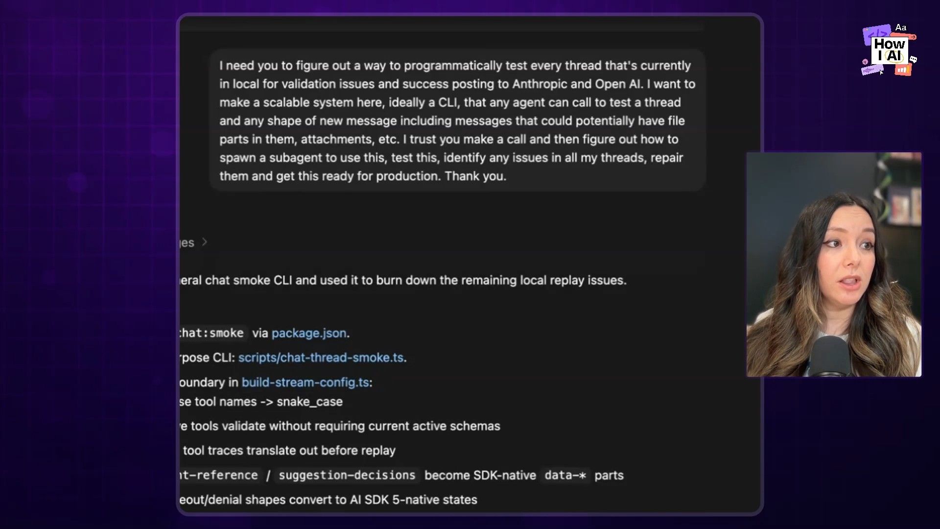 A detailed AI prompt requesting programmatic testing and subagent spawning, shown within a chat interface alongside relevant CLI commands and file paths, providing insight into an autonomous data migration task.