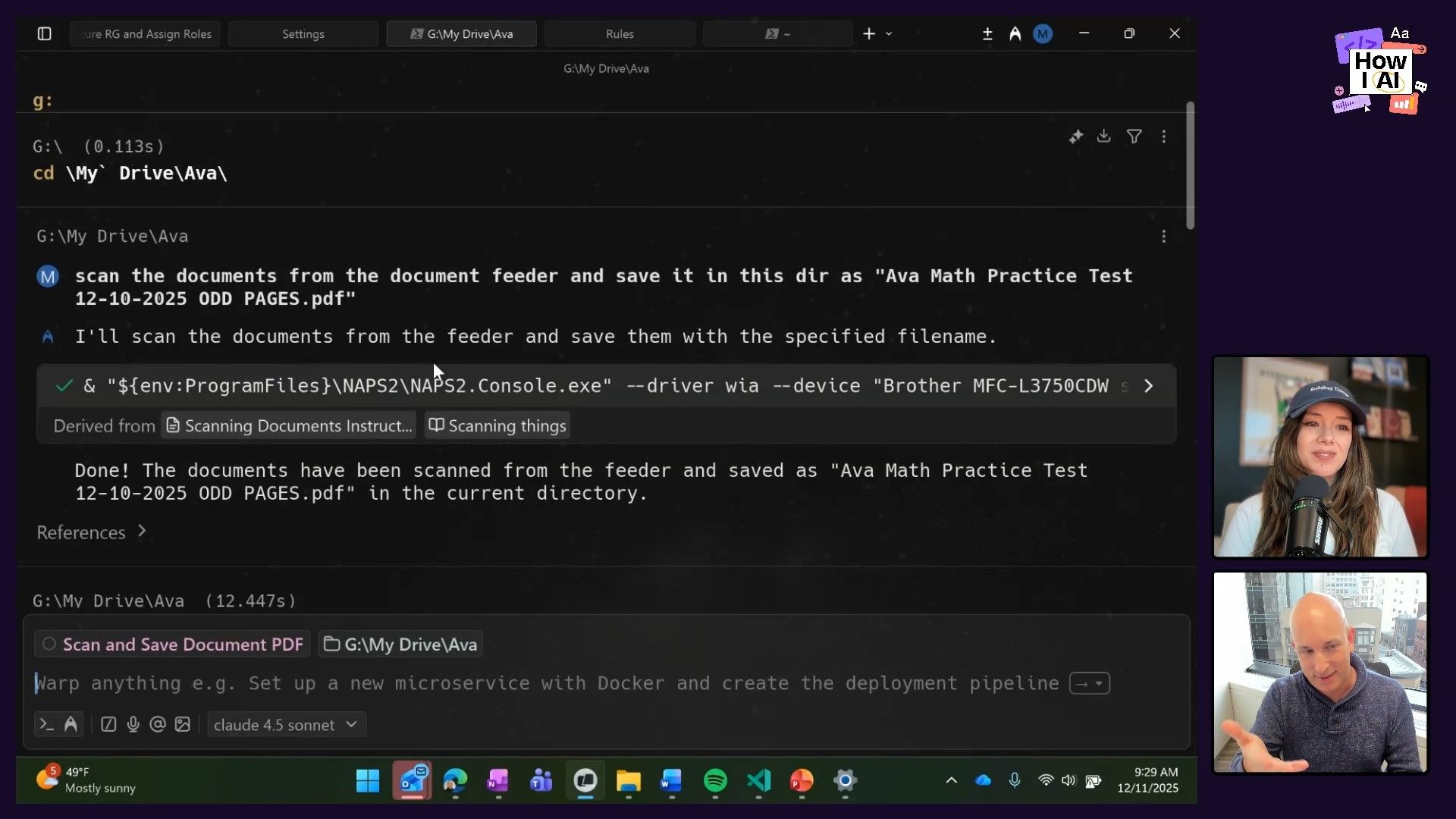 A Warp terminal session demonstrates an AI-assisted command to scan documents, showing the user's prompt, the AI's generated command using NAPS2.Console.exe for a Brother MFC printer, and the successful execution.