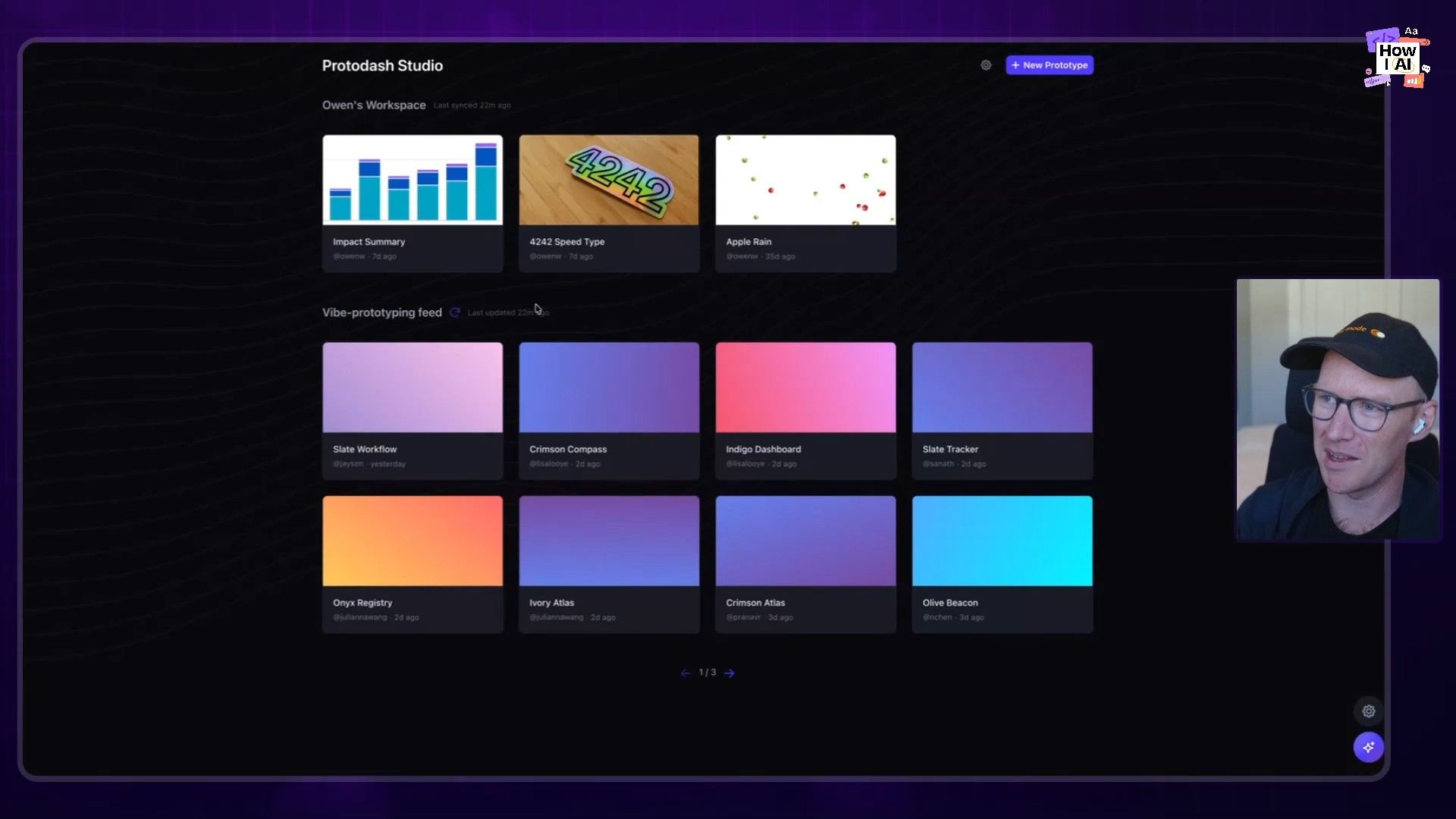 A dashboard view of 'Protodash Studio' showcasing various prototypes and projects, including data visualizations and abstract designs.