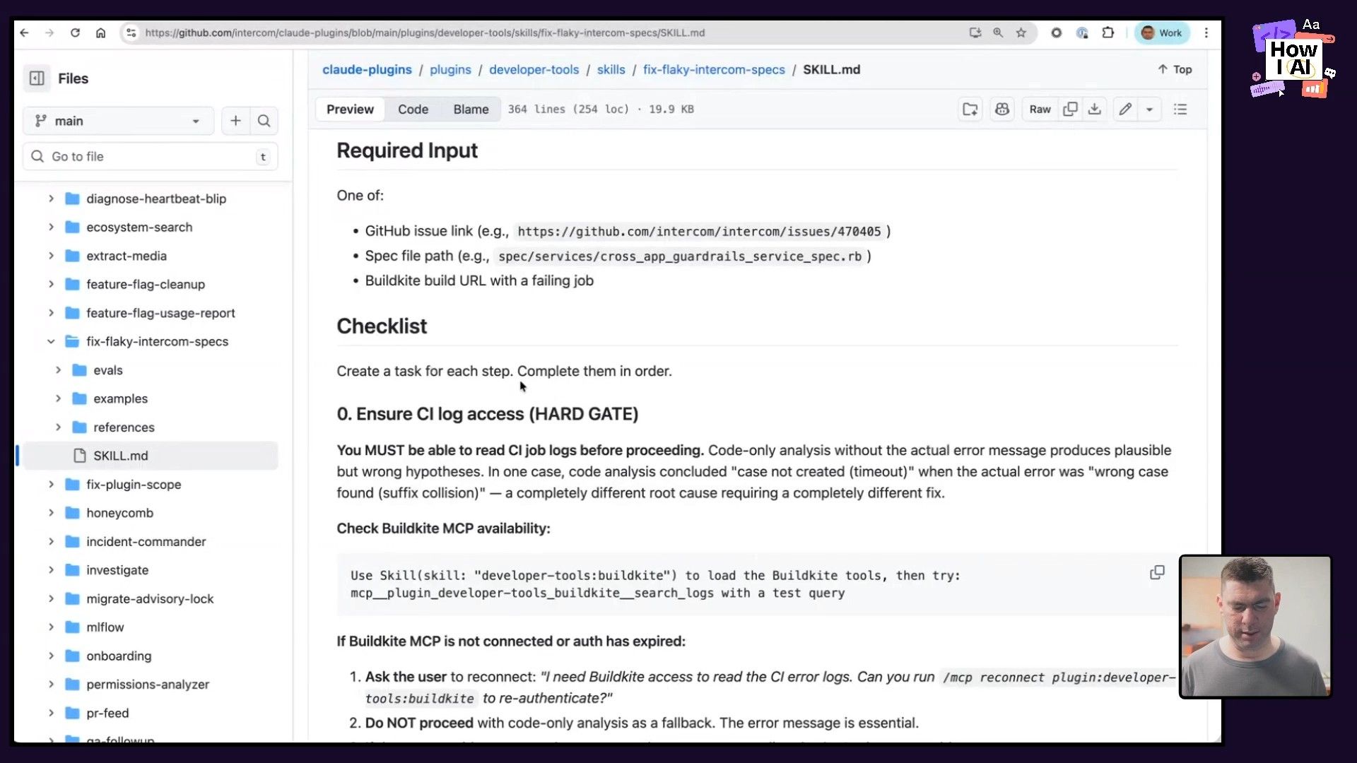 The code for the `flaky_specs` skill, showing the detailed checklist and instructions
