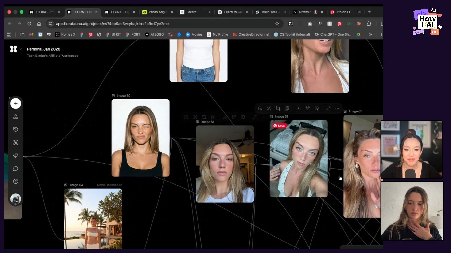 A view of the Flora AI application's user interface, showcasing a creative project organized as a node graph with multiple portraits and selfies. The 'florafauna.ai' domain hints at its AI-powered capabilities for image generation or organization.
