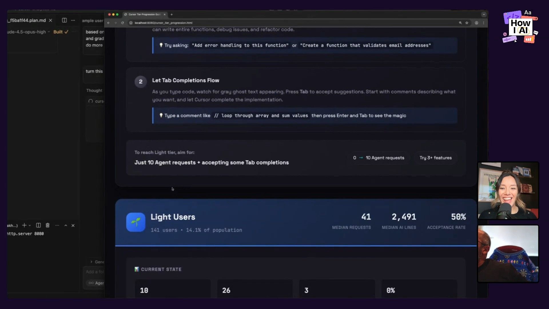 The Cursor Playbook interface displays key user engagement metrics (AI lines, agent requests, Bugbot usage) and a prompt for inactive users to start using AI, with the instruction 'Hit ⌘L and ask for something'.