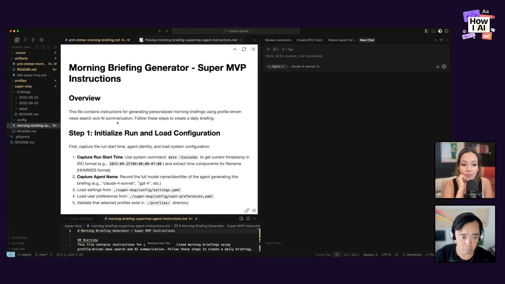 A screen capture showing the 'super_mvp_agent_instructions.md' file in an IDE, detailing the multi-step instructions and configuration for an AI agent that generates morning briefings, including command-line integration and references to YAML config files. An AI chat interface is also visible, suggesting an active agent interaction.