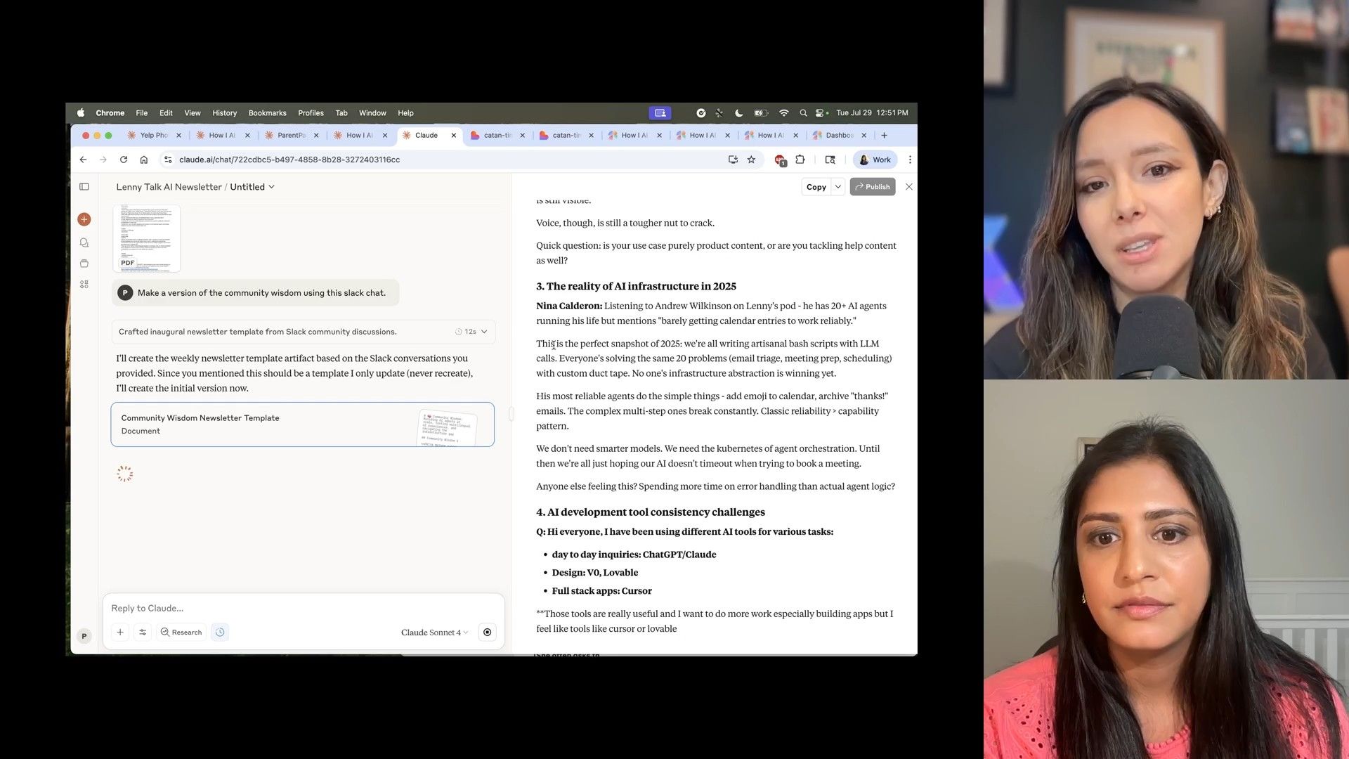 A detailed look at Claude AI's capabilities, showing it generating a newsletter template from a 'Community Wisdom' article focused on building and scaling AI agents, while podcast hosts discuss the topic.