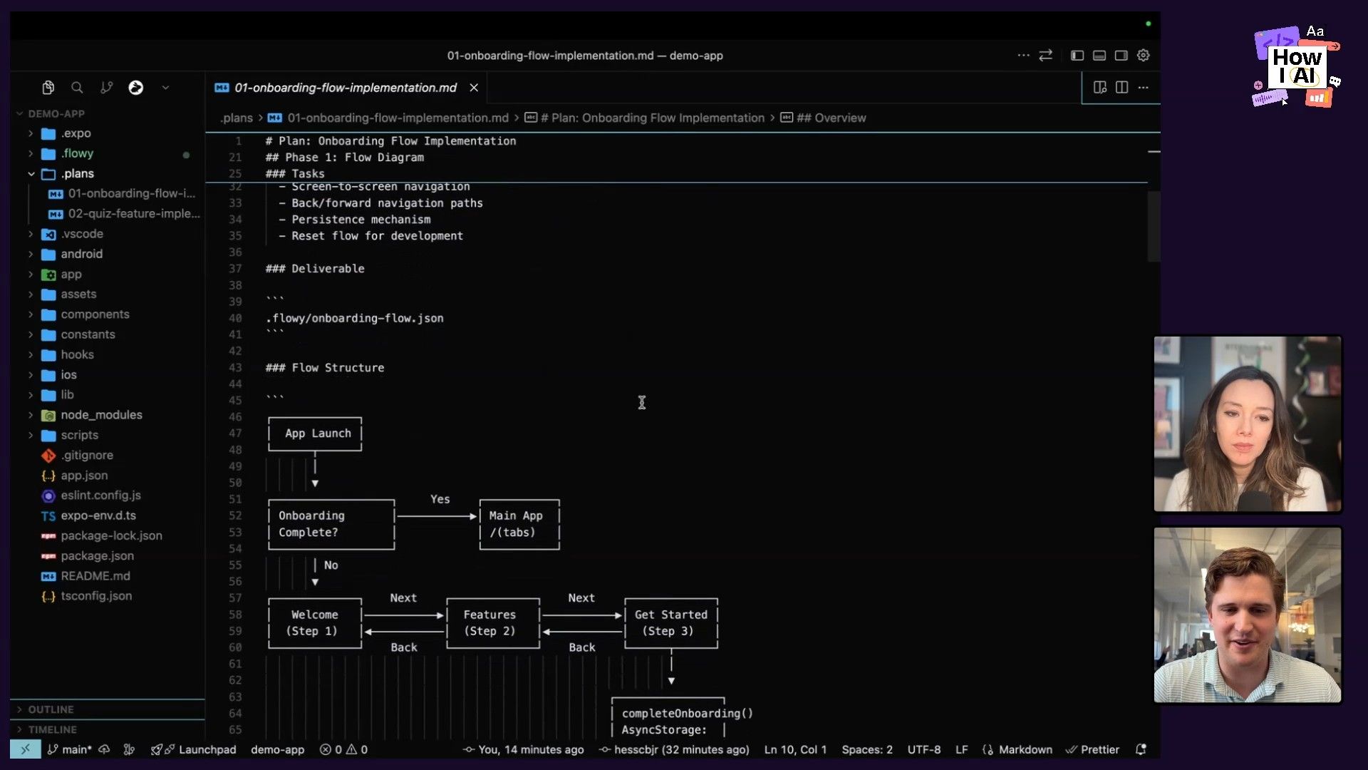 A detailed ASCII flowchart for an onboarding process is displayed in a code editor, showcasing a technical planning document alongside a project's file structure and the podcast hosts.