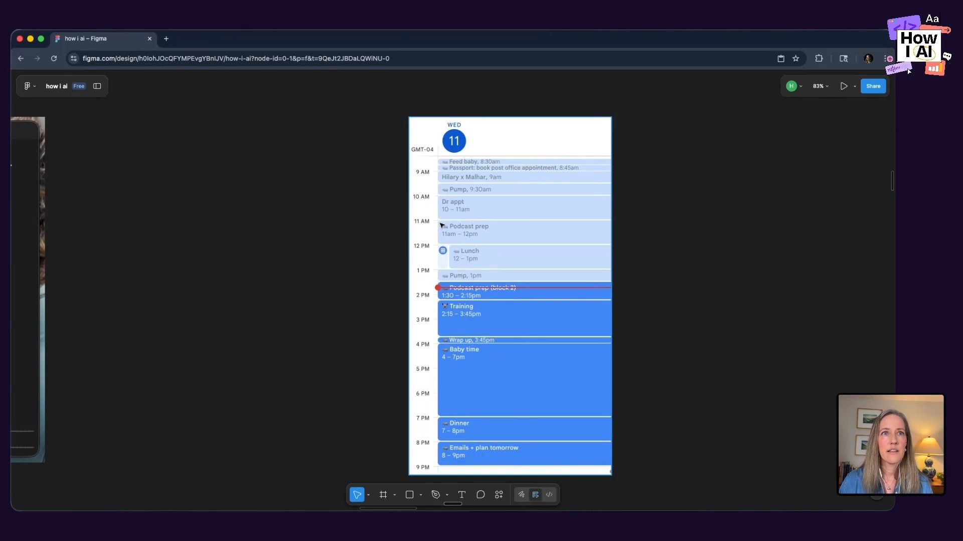 A Figma design showcasing a daily calendar view, detailing various scheduled activities including 'Podcast prep', 'Training', and personal tasks, potentially illustrating AI-assisted scheduling.