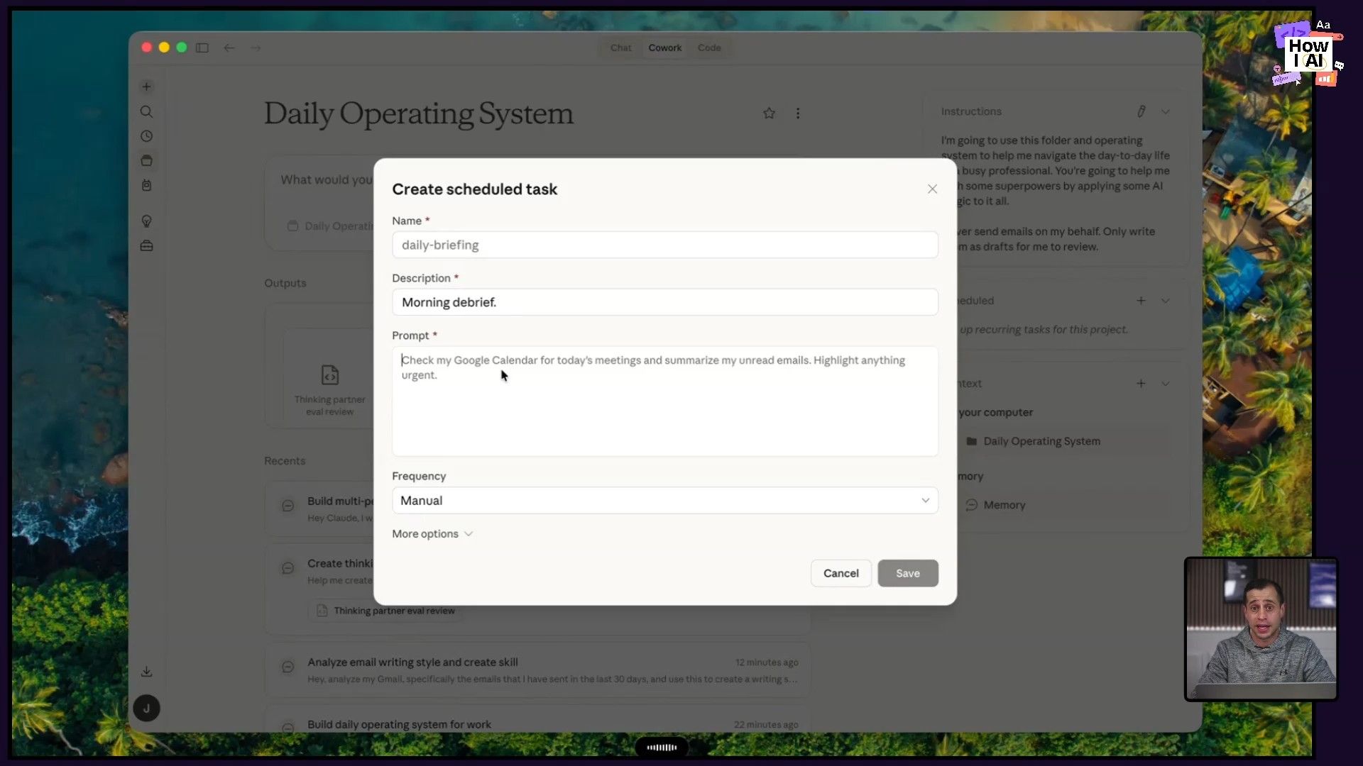 The 'Create a scheduled task' interface, showing fields for name, schedule, and prompt