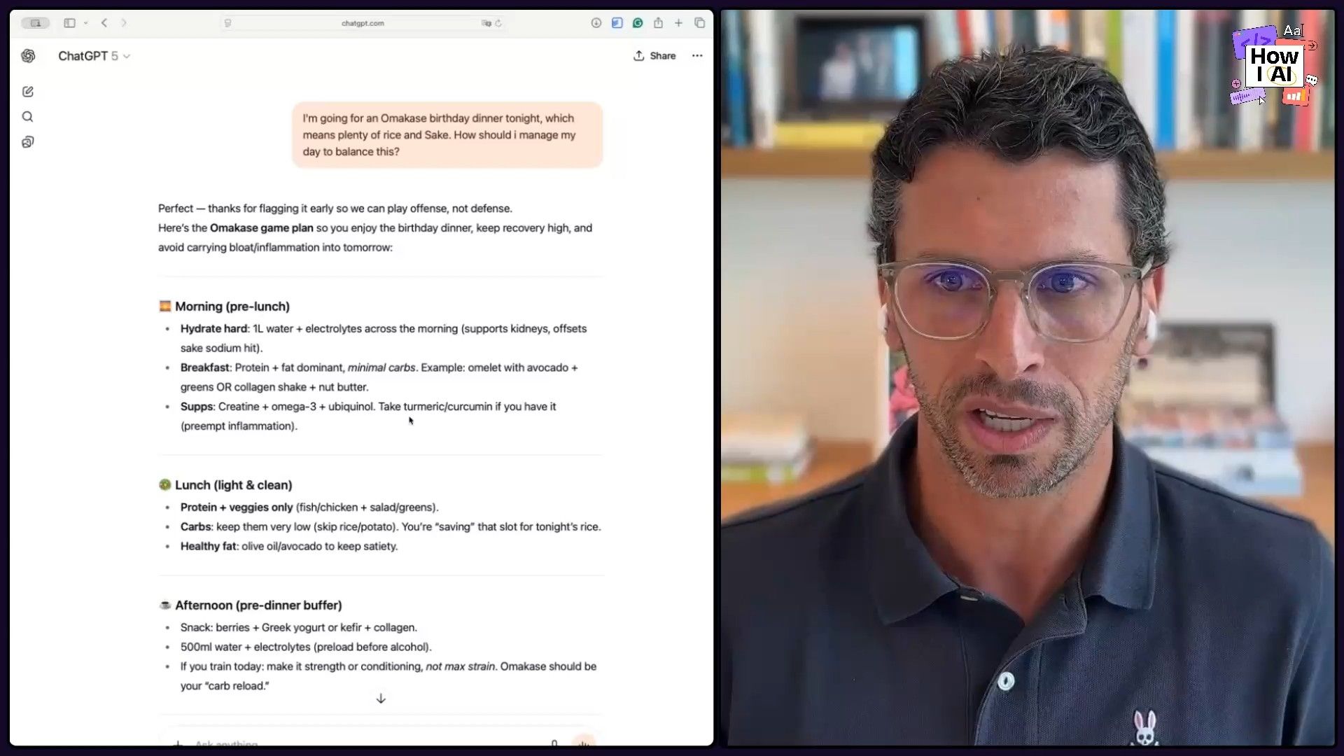 ChatGPT provides a detailed, personalized dietary plan to balance an Omakase birthday dinner, showcasing AI's practical applications for health and lifestyle management.