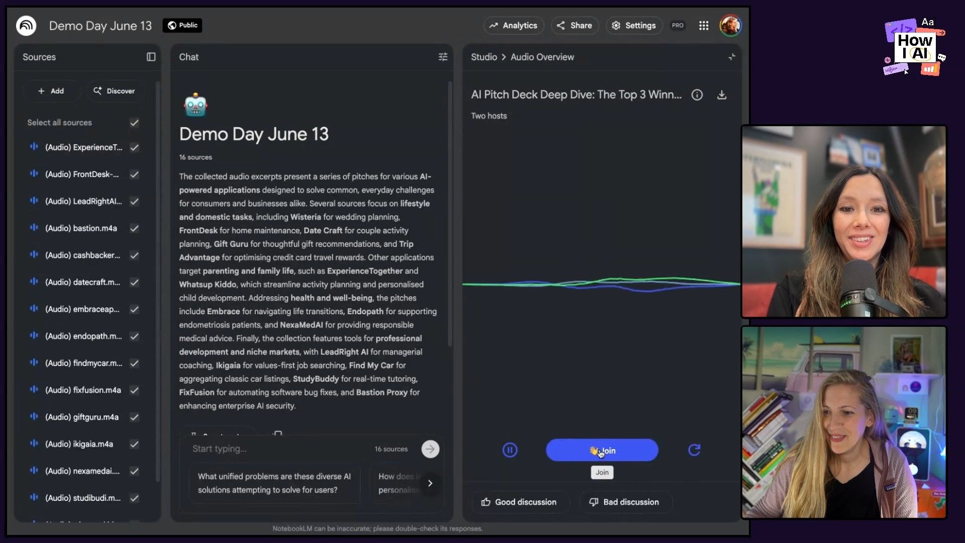 The NotebookLM AI application in action, processing audio sources to generate a comprehensive summary of AI pitch decks and offering interactive prompts, alongside a live podcast discussion.