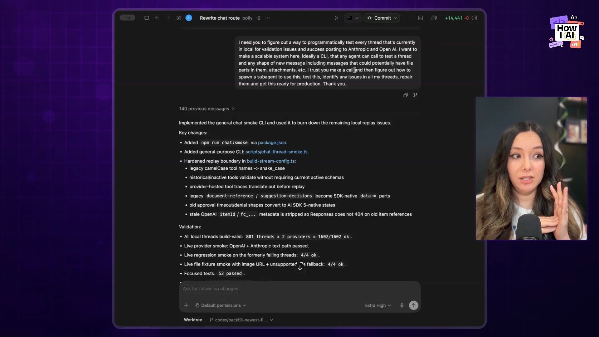 A detailed AI prompt for programmatically testing threads, alongside its generated key changes and validation results, displayed within a development environment or AI assistant interface.