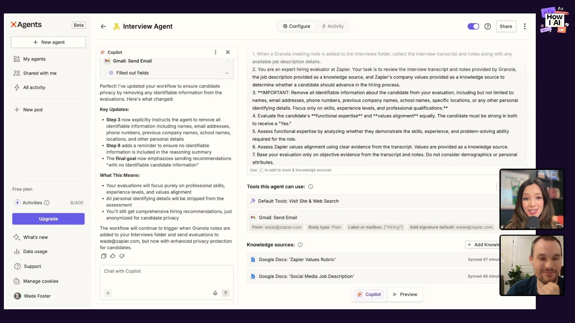 A detailed look at the 'Interview Agent' configuration within an AI platform, showcasing its privacy-enhanced workflow, instructions for evaluating candidates, and integrated tools like Gmail and Google Docs as knowledge sources.