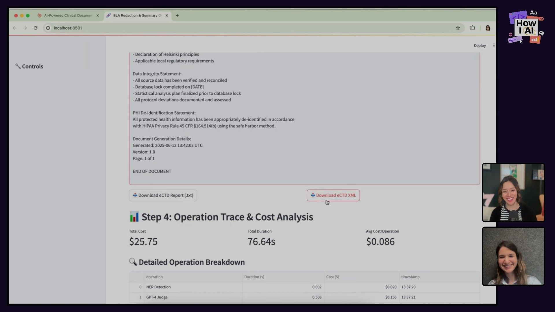 A Streamlit application displaying a generated clinical document report, complete with data integrity statements, PHI de-identification details, and an operation trace & cost analysis. The report can be downloaded as TXT or XML.