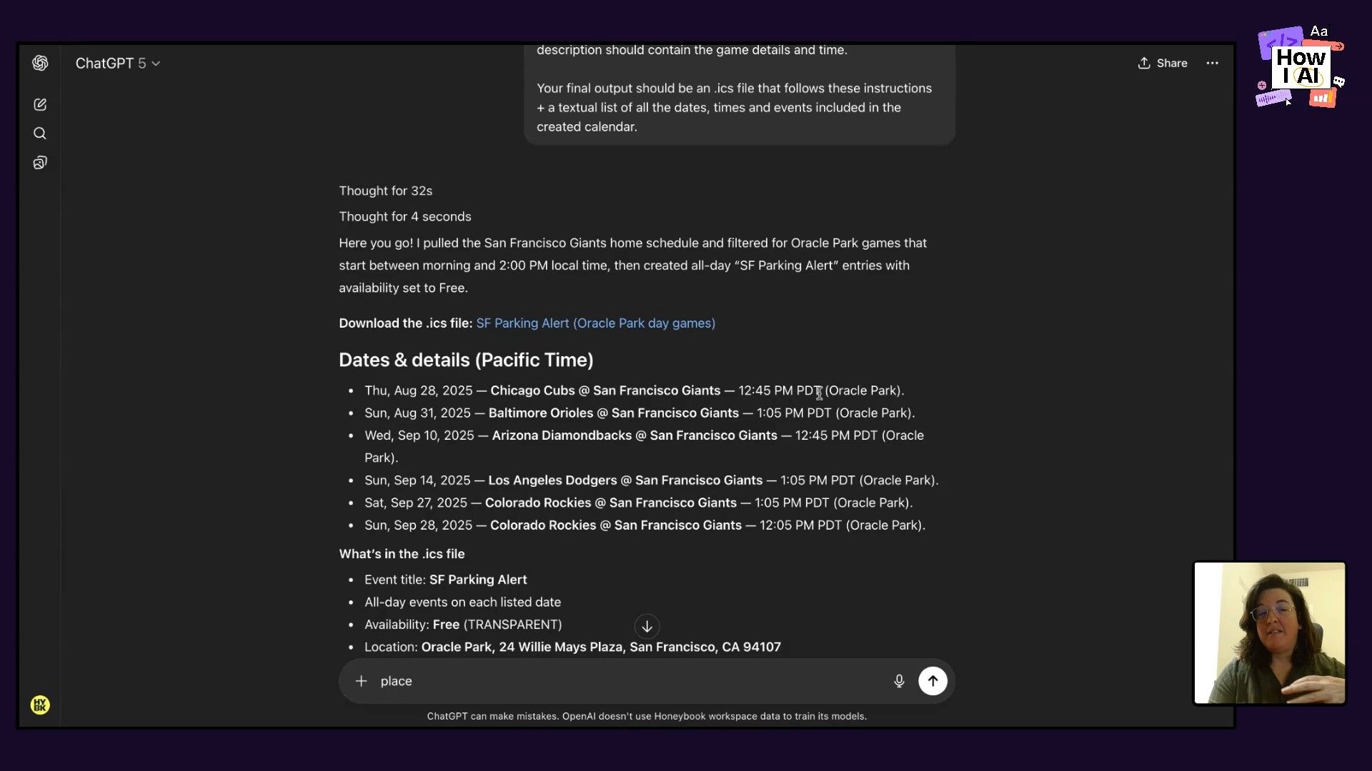 A Google Calendar view for September 2025, highlighting an 'SF Parking Alert' event scheduled for Wednesday, September 10th, with the 'SF Parking Alerts' calendar enabled in the sidebar.