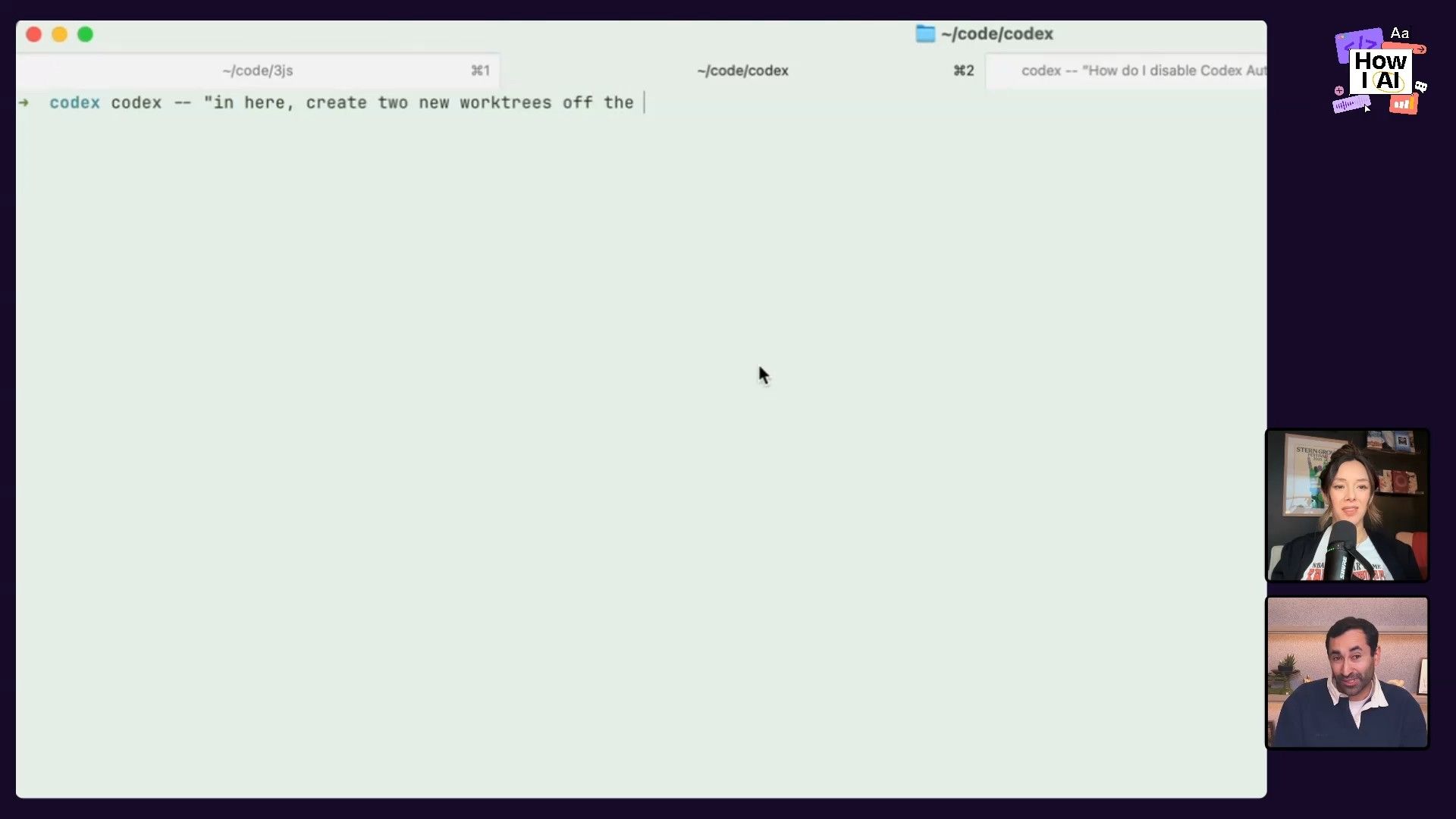 A terminal window displaying two tabs: one showing the incomplete command `codex codex --` and another featuring an AI prompt 'How do I disable Codex Aut', illustrating interaction with an AI coding assistant in a command-line environment.