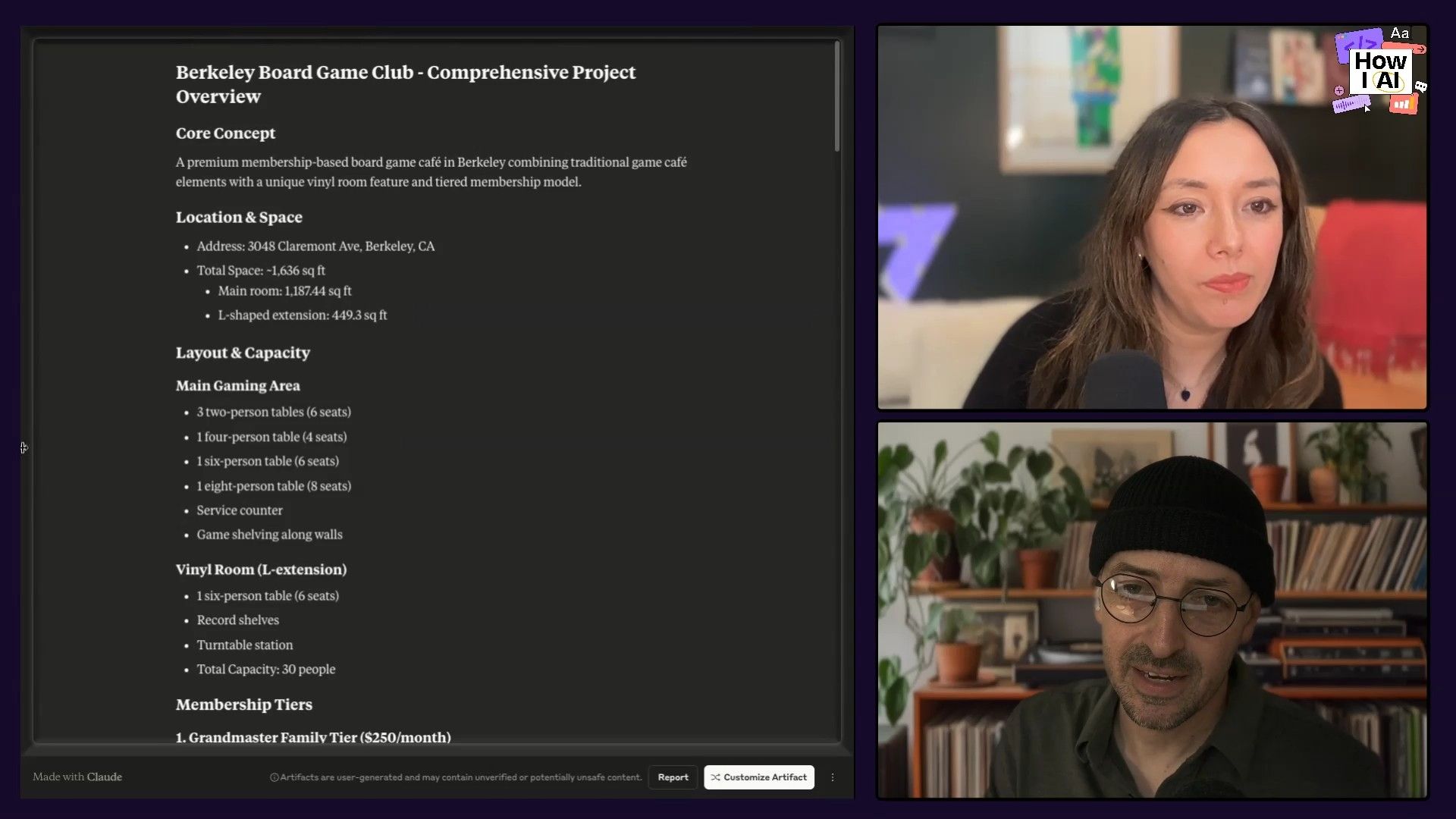 An AI-generated project overview for a 'Berkeley Board Game Club' displayed on screen, detailing its concept, location, layout, and membership tiers, likely produced by Claude.