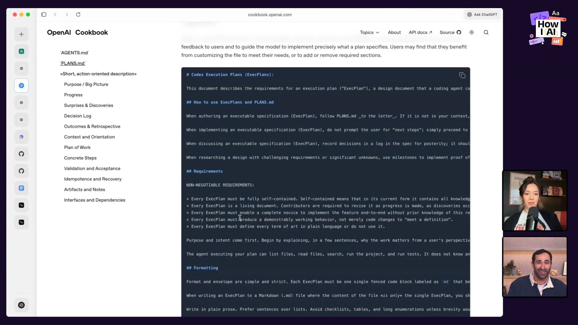 Screenshot from the OpenAI Cookbook website, displaying the `PLANS.md` document which provides a structured template for AI execution plans, including sections for milestones, design decisions, and progress tracking.