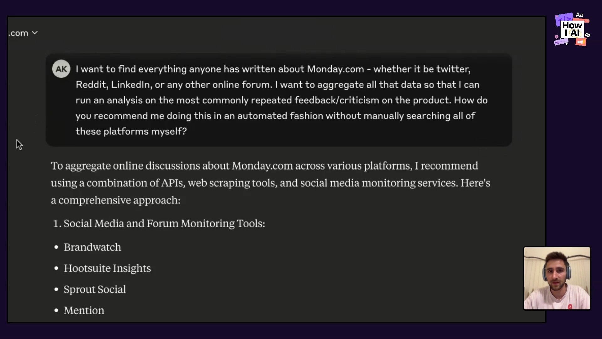 A screenshot from a 'How I AI' podcast video showing Claude AI providing a beginner's guide to setting up social media scraping on a MacBook, detailing initial software installation and project setup with specific terminal commands for Homebrew and Python.