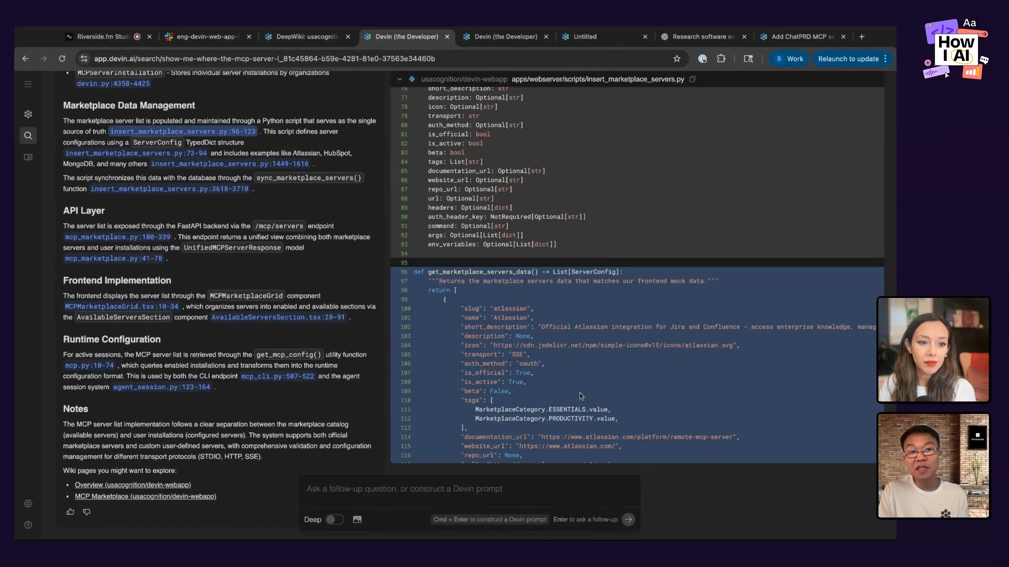 Devin demonstrates Python code for managing marketplace server data, showing both code and documentation within a live coding session.